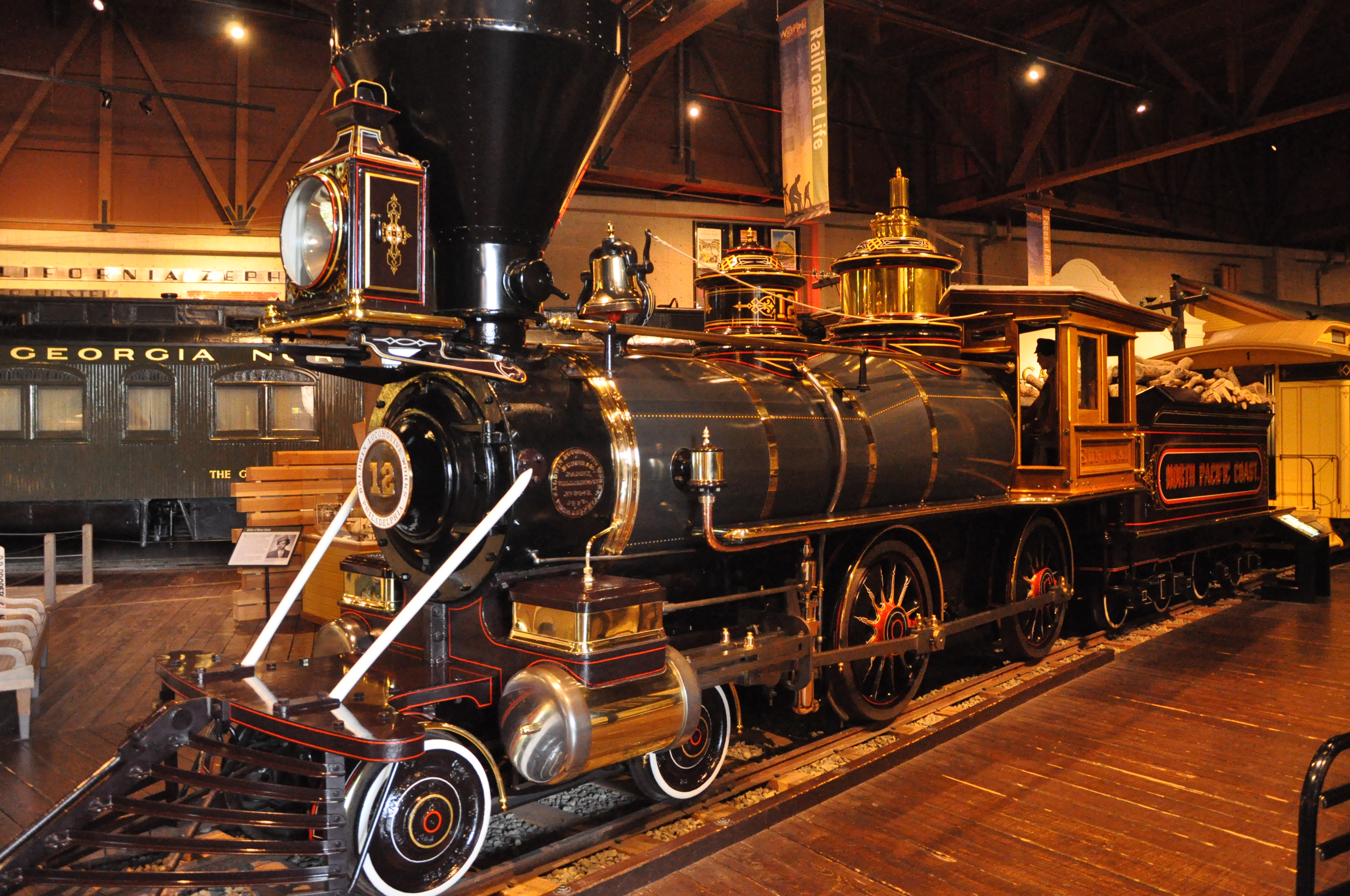 North Pacific Coast Railroad #12 "Sonoma " - Baldwin-built 4-4-0 type constructed in 1876. Currently on static display at the California State Railroad Museum in Sacramento, California, but in operable condition.
