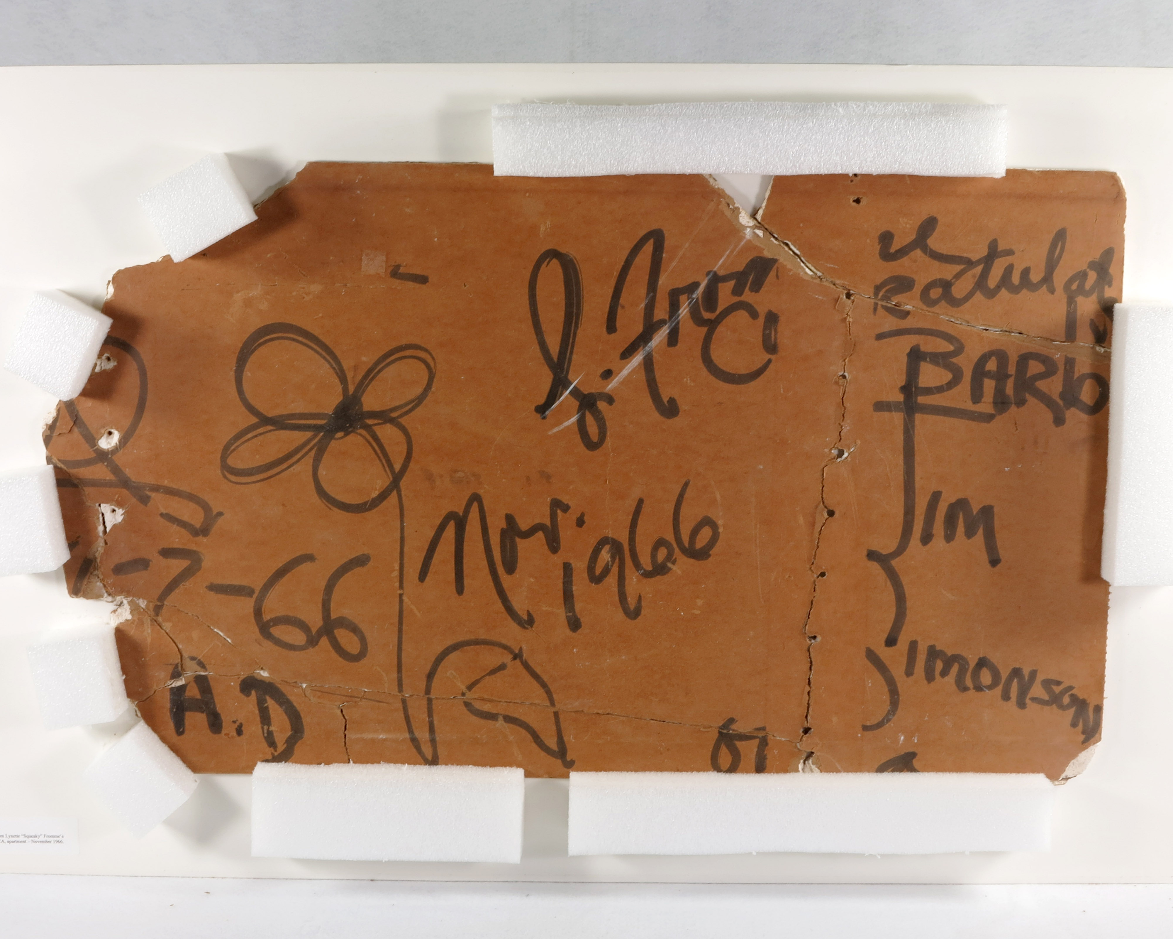 This is one of three sections from a wall in Fromme’s Redondo Beach apartment, where she lived when she began the downward spiral that eventually led to her assassination attempt on President Gerald R. Ford.