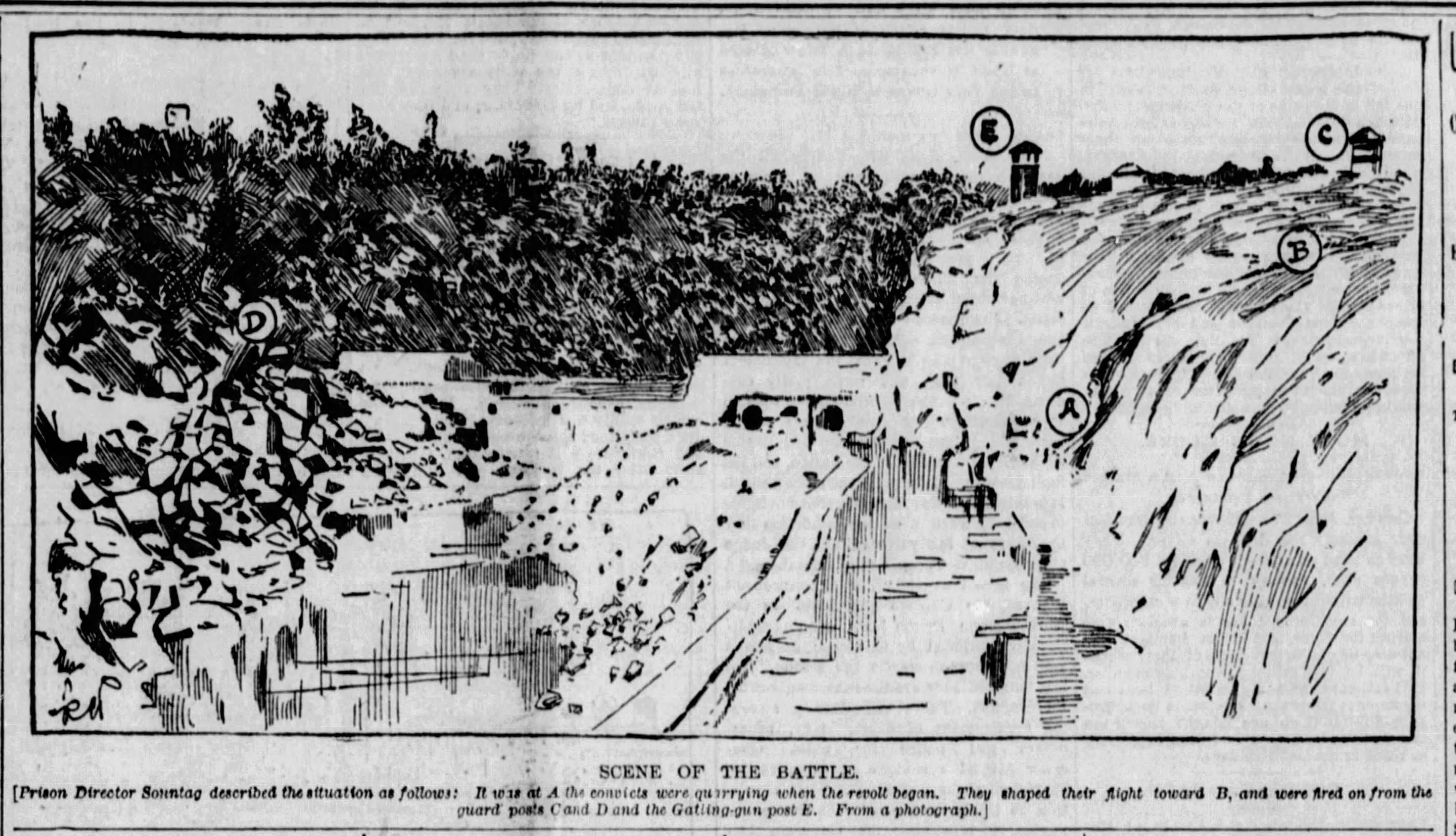 Scene of the 1893 Folsom prison break attempt on the American River. San Francisco Examiner, Wed June 28, 1893.