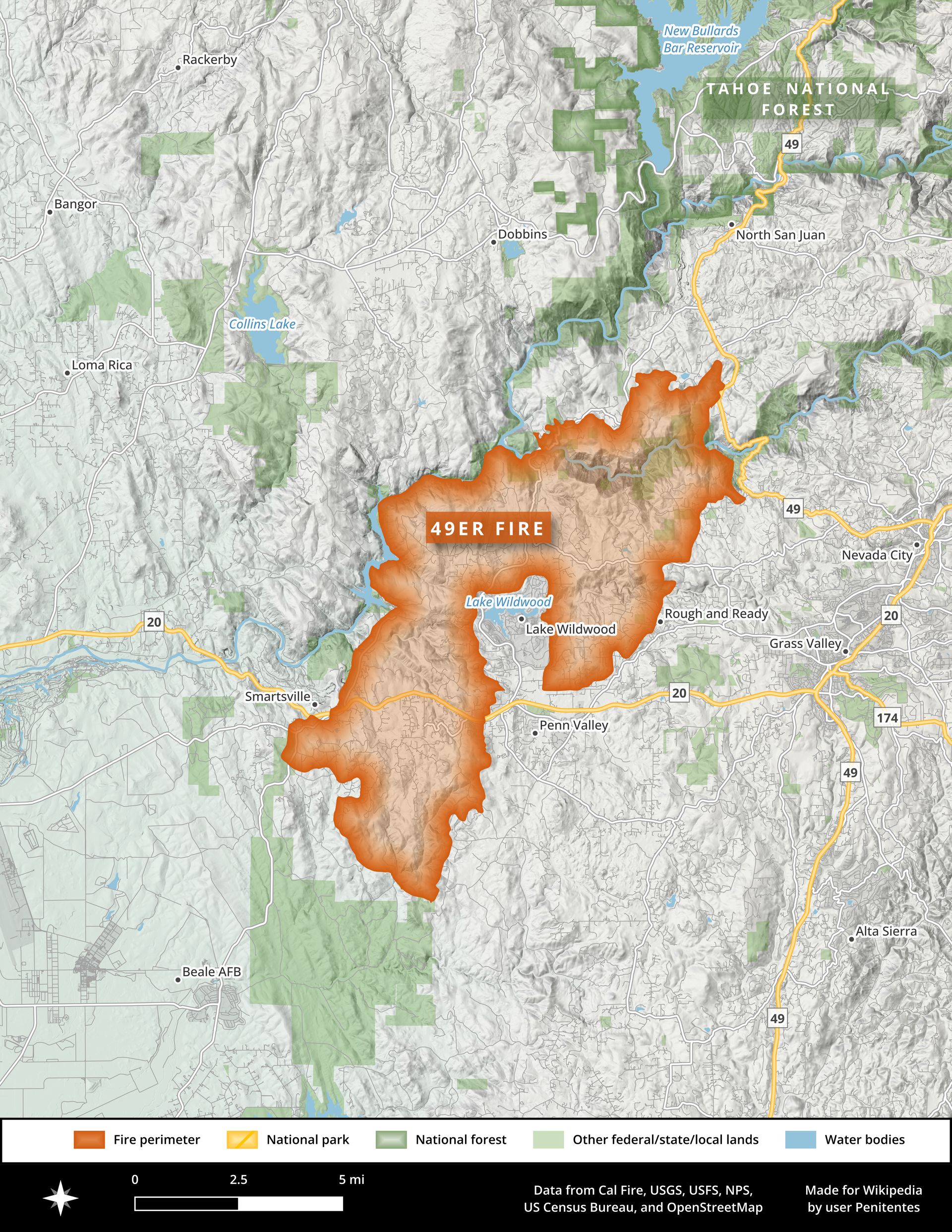 This is a map of the footprint of the 1988 49er Fire in California's Nevada and Yuba counties. This image was made in QGIS using data from the California Department of Forestry and Fire Protection (Cal Fire), the National Hydrography Dataset (NHD), OpenStreetMap, and others.