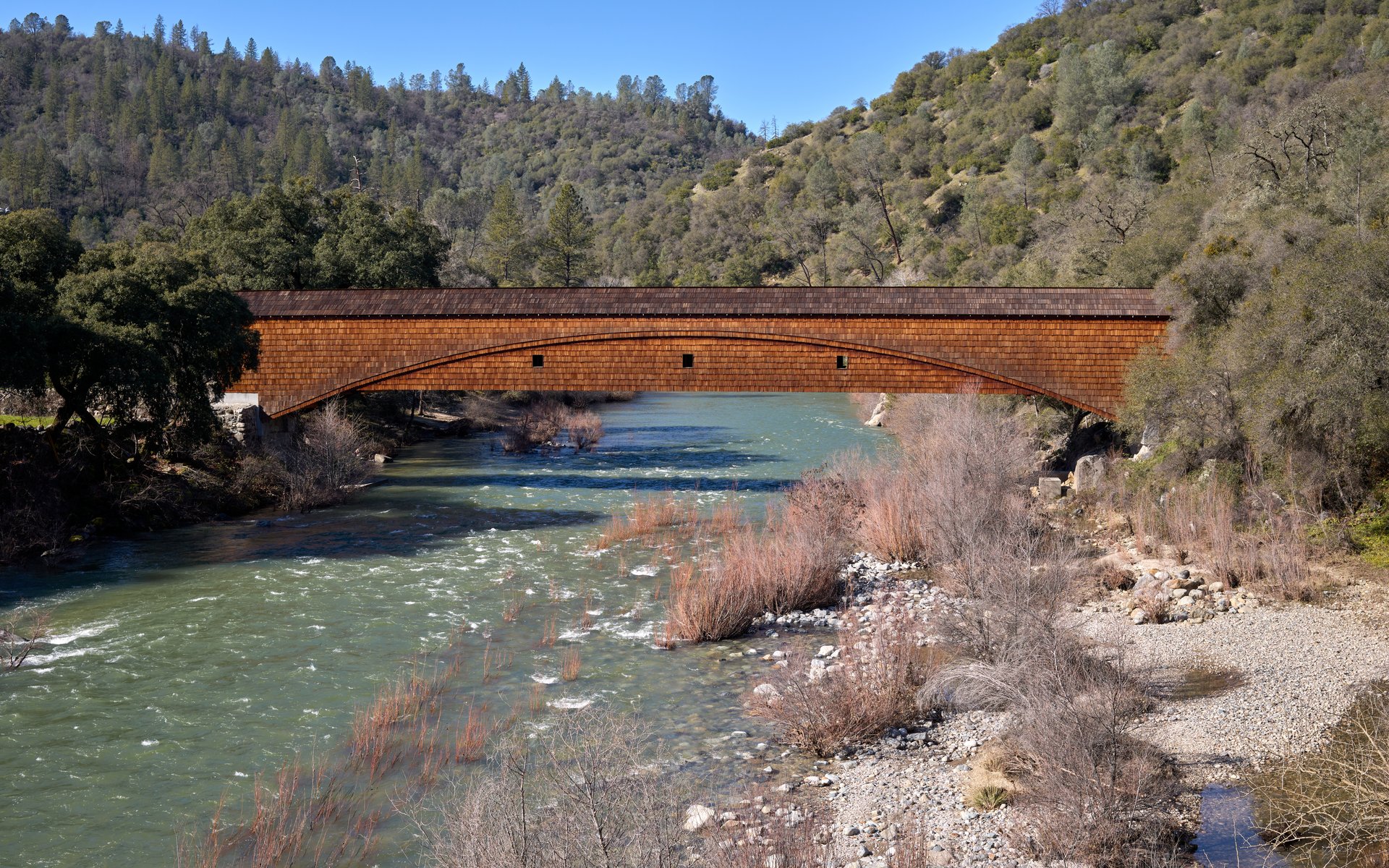 Constructed in 1862 by the Virginia Turnpike Company, the Bridgeport Covered Bridge located at the South Yuba River State Park in western Nevada County spans 226 feet and is 16 feet wide. The bridge is the only remaining single-span Howe Truss-Burr Arch covered timber bridge of this size in the United States and is listed on the National Register of Historic Places.