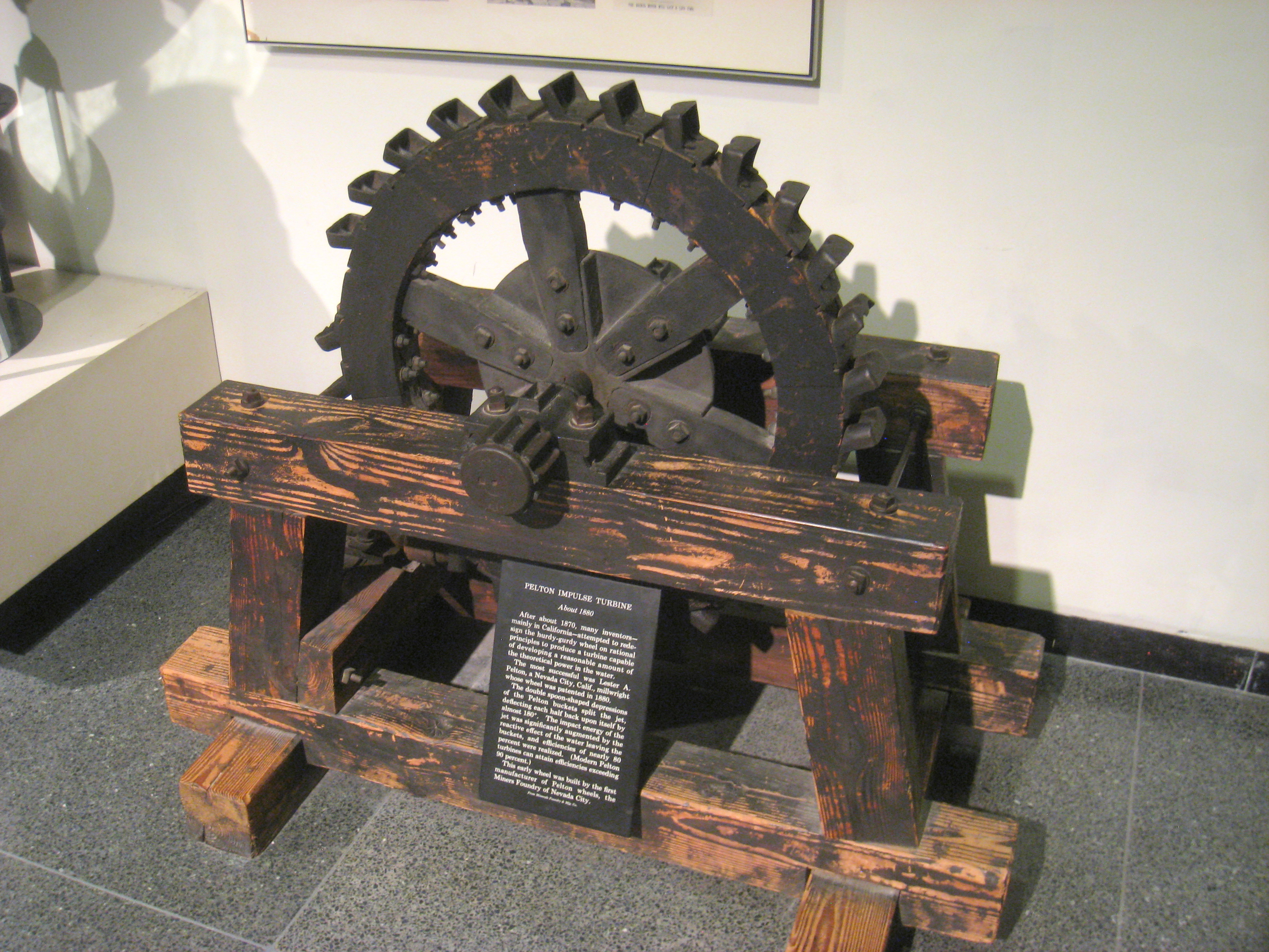 Pelton impulse turbine, circa 1880, built by the Miners Foundry of Nevada City. Exhibit in National Museum of American History, Washington, DC, USA.