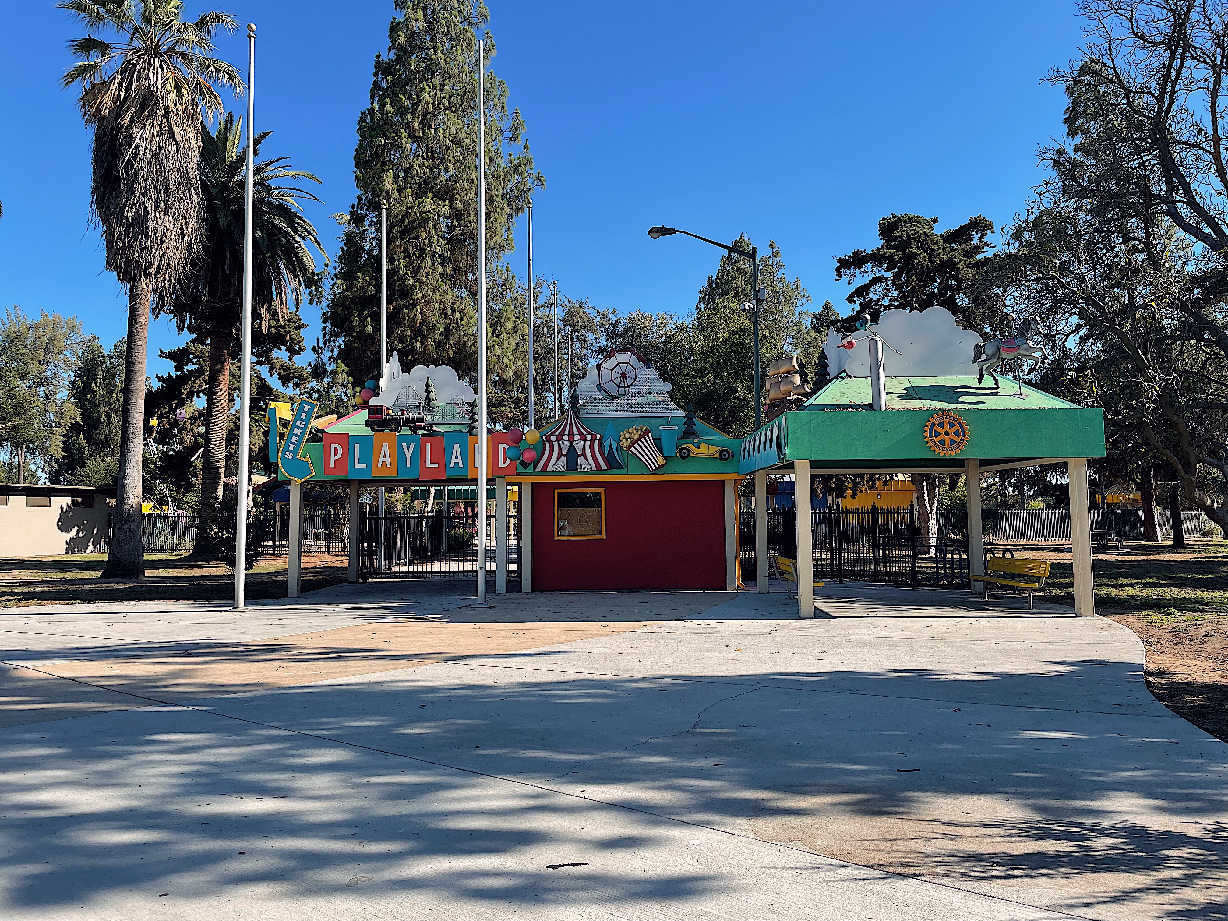 Photo taken of the entry and ticket booth of Rotary Play Land amusement park in Fresno, CA in 2022