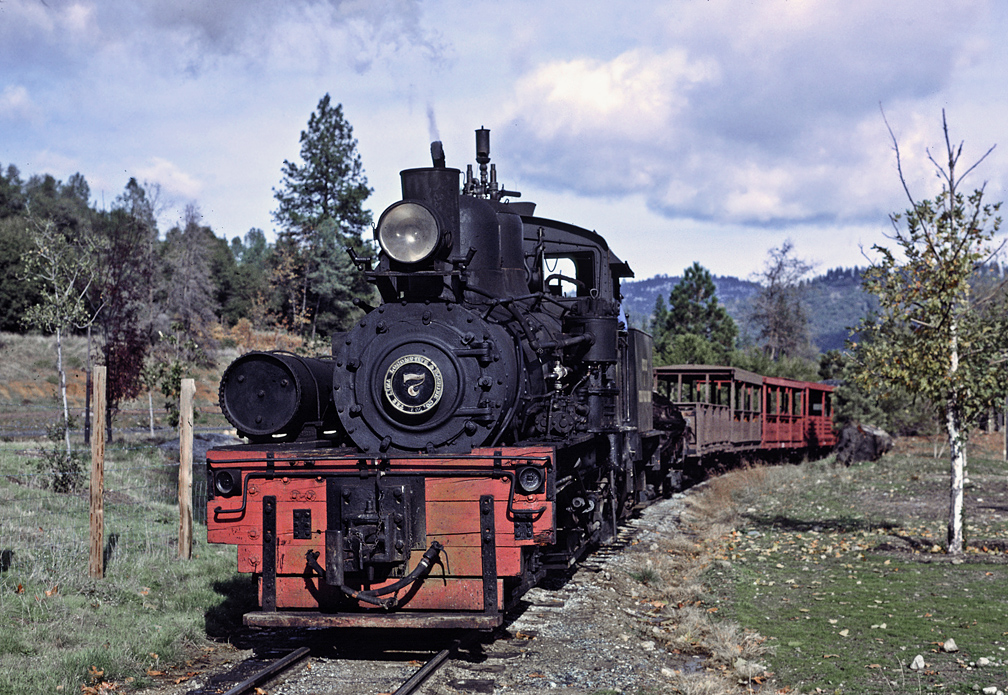 November of 1981, Westside #7 operating on track laid inside the millyard at Tuolumne, CA.  

Glen Bell (as in Taco Bell) had lost interest in his Westside operation and sold it to another operator who in turn sold it to an outfit called Camp Coast to Coast who later sold off all the equipment.
Shay #7 ended up at Roaring Camp in Felton where it remains today.