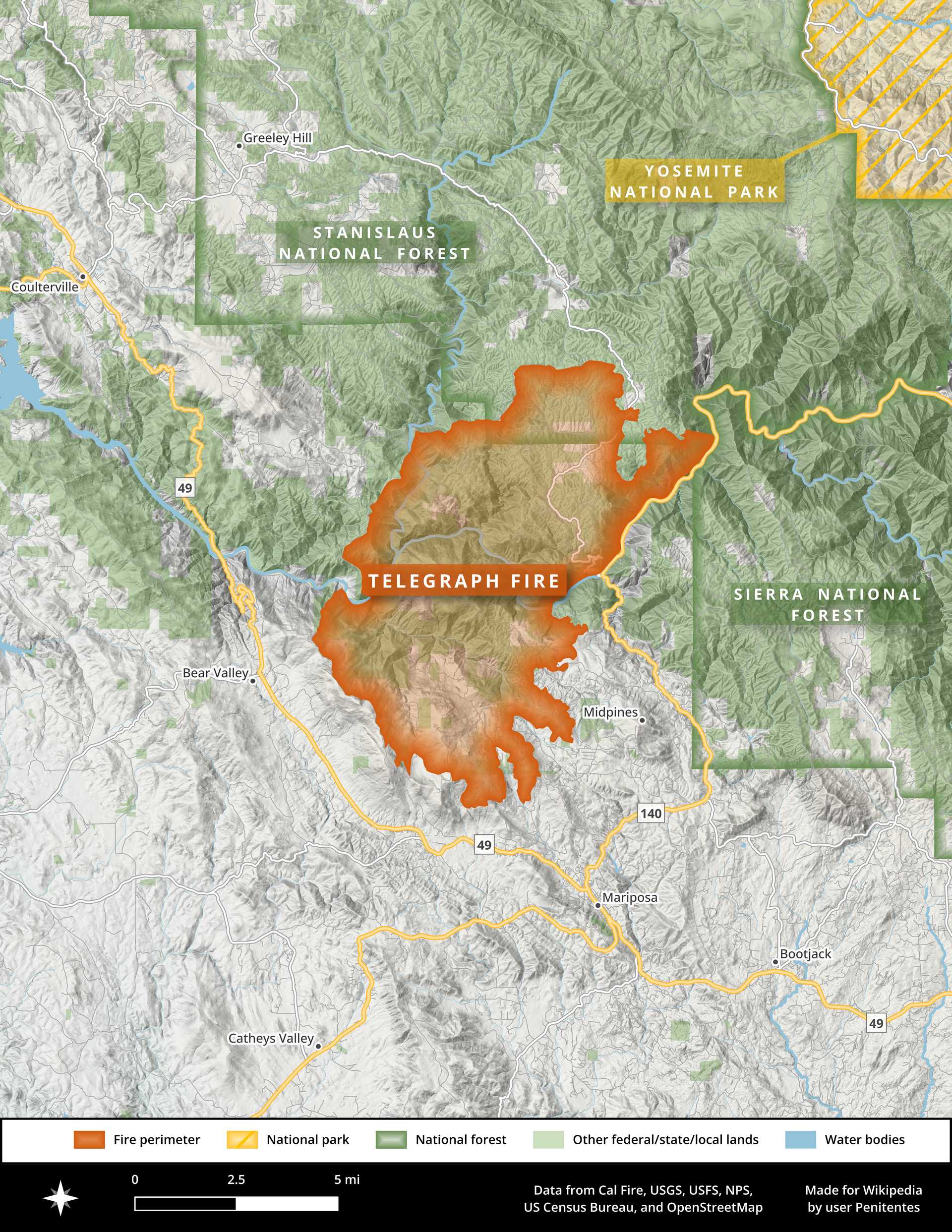 This is a map of the footprint of the 2008 Telegraph Fire in Central California's Mariposa County, where the fire burned more than 34,000 acres and burned dozens of structures. This image was made in QGIS using data from the California Department of Forestry and Fire Protection (Cal Fire), the National Hydrography Dataset (NHD), OpenStreetMap, USGS, and others.