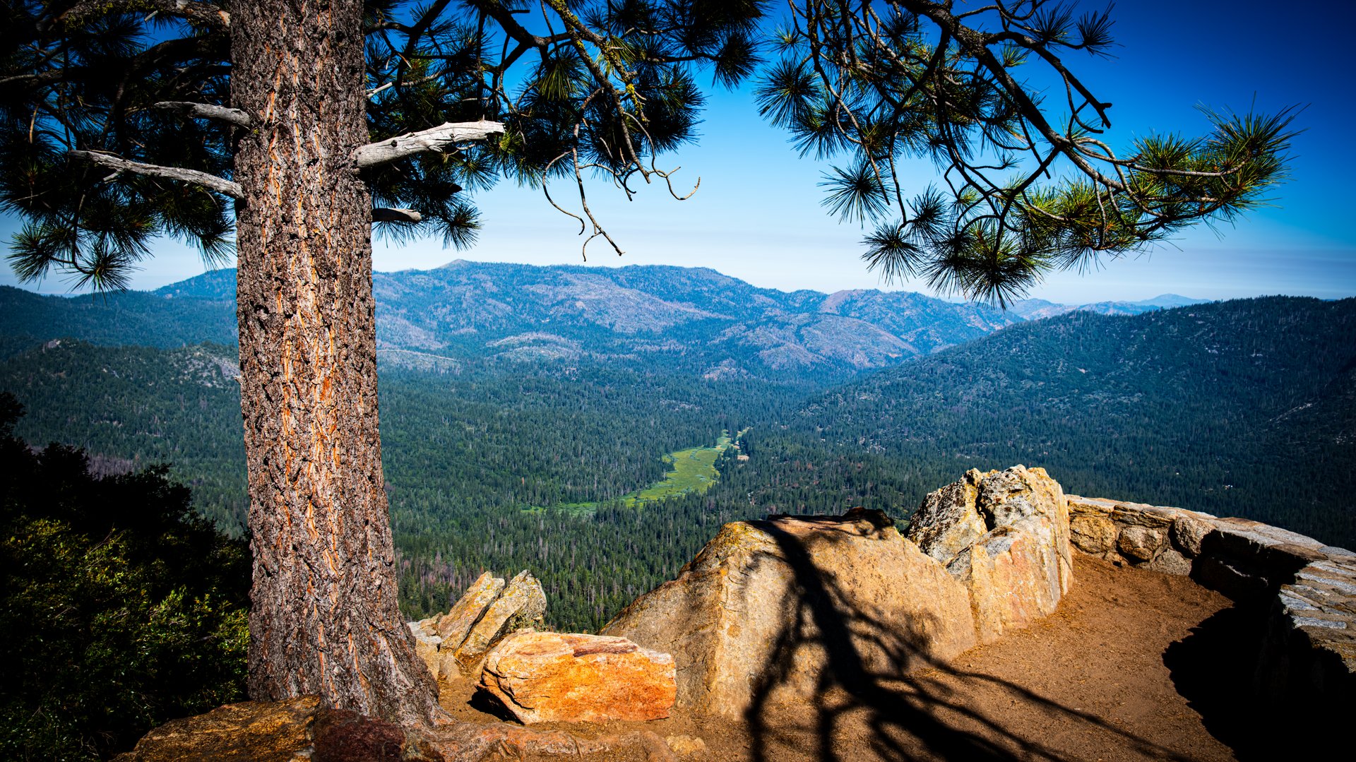 Wawona Point, an overlook in Mariposa Grove, offers panoramic views of the Wawona area, including Wawona Meadow.