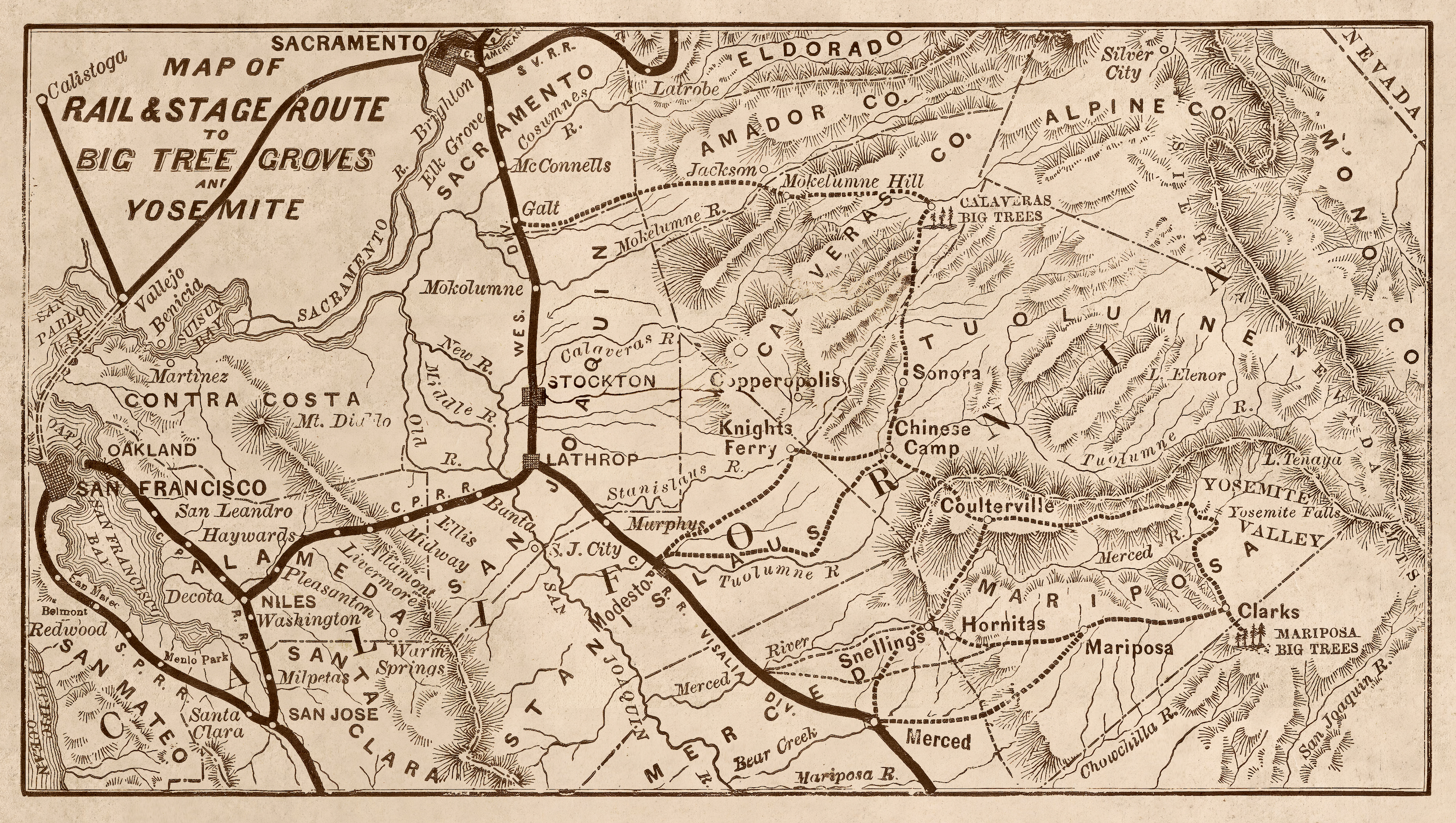 The opening of Yosemite Valley to vehicles on June 17, 1874, led to a significant increase in the number of visitors. Several transport routes, including the Coulterville Road (June 1874) Big Oak Flat Road (July 1874) and the Wawona Road (1875), were established. The completion of the first transcontinental railroad around the same period, along with the extension of Central Pacific Railroad services to towns in the San Joaquin Valley, facilitated tourism from across the nation. From the railway terminals in Stockton, Modesto, Copperopolis, Berenda, Merced, and Madera, seven routes competed to ferry tourists via stagecoach to Yosemite Valley.