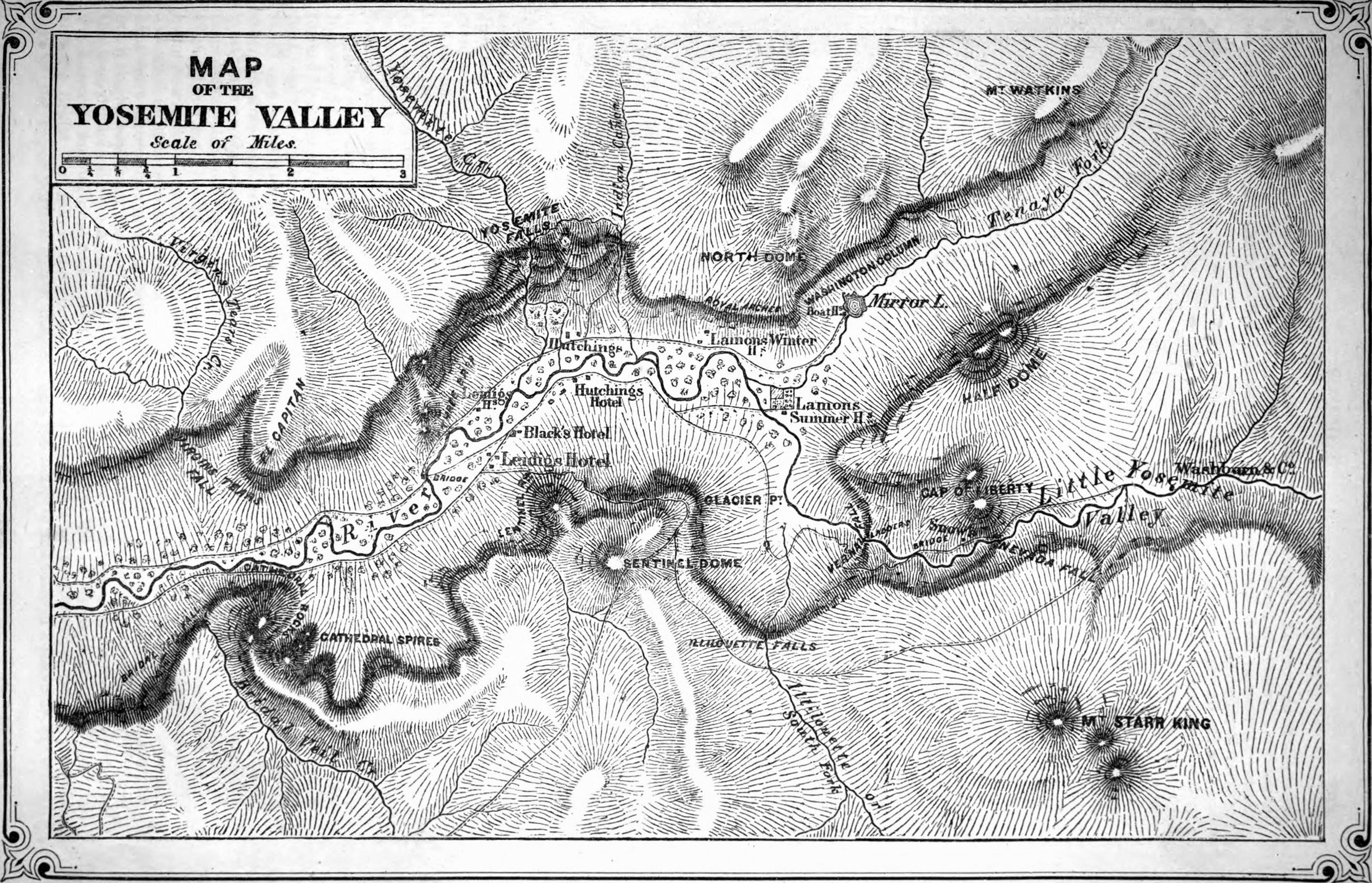 Map of Yosemite Valley showing topography and landmarks.