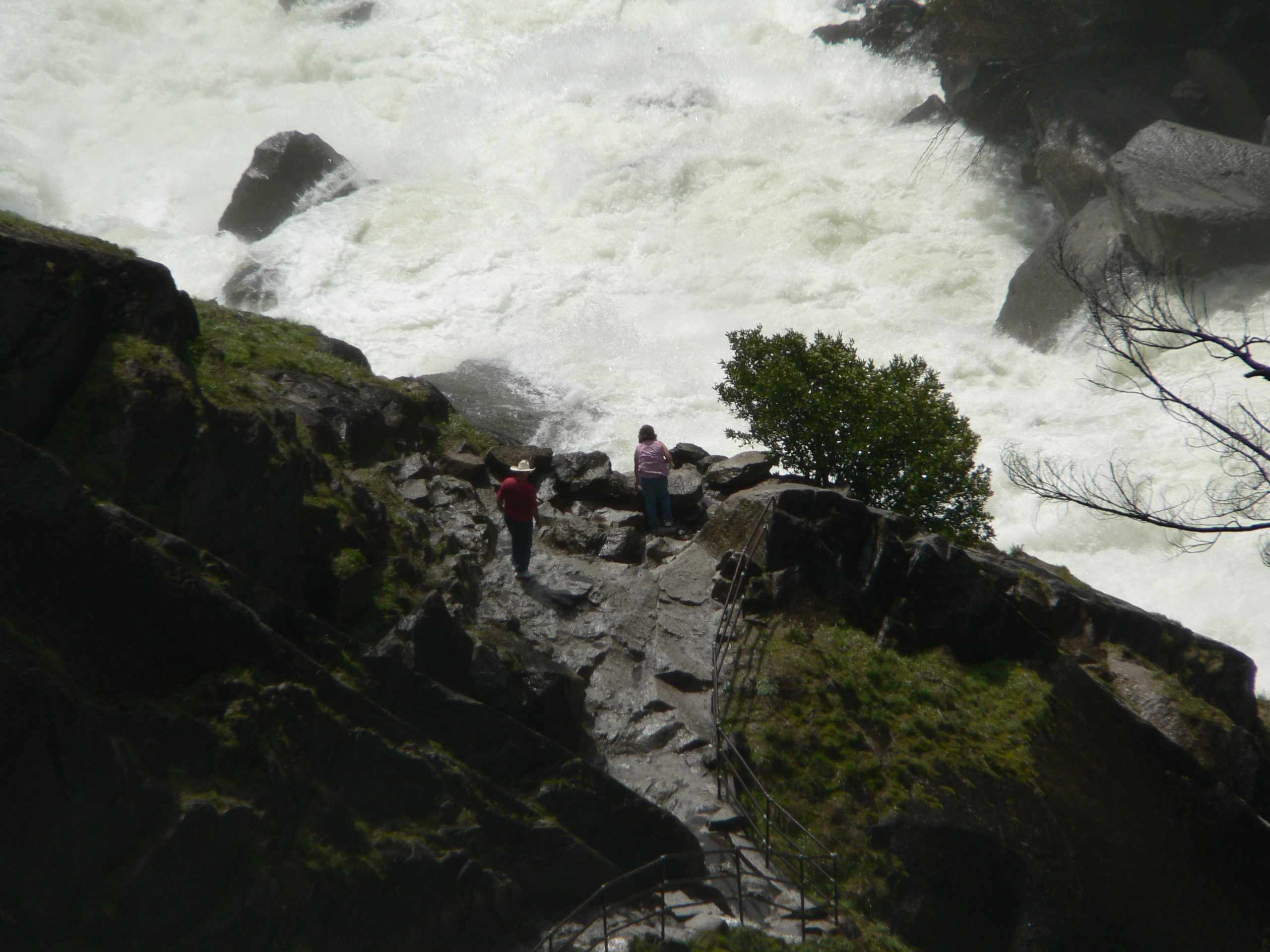 Mist Trail and hikers above the Merced River
