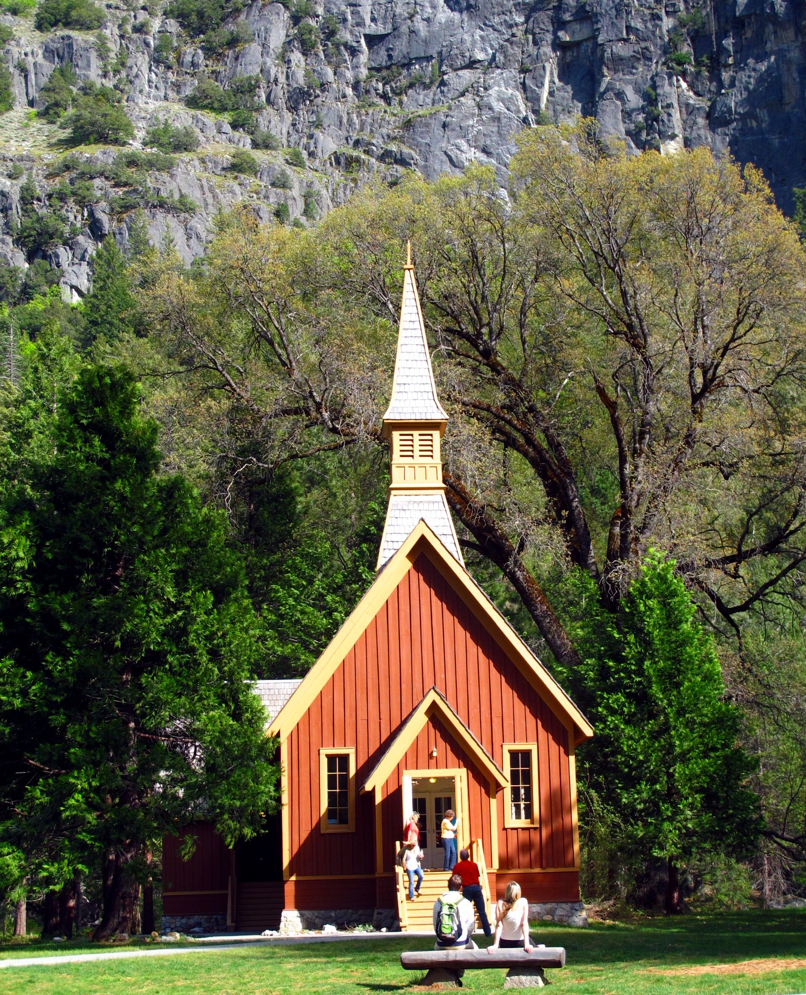 The beautiful  Yosemite Valley Chapel in Yosemite Valley.
The Carpenter Gothic style chapel is the oldest standing structure in Yosemite National Park.
A Historic district contributing property on the National Register of Historic Places in Yosemite National Park.