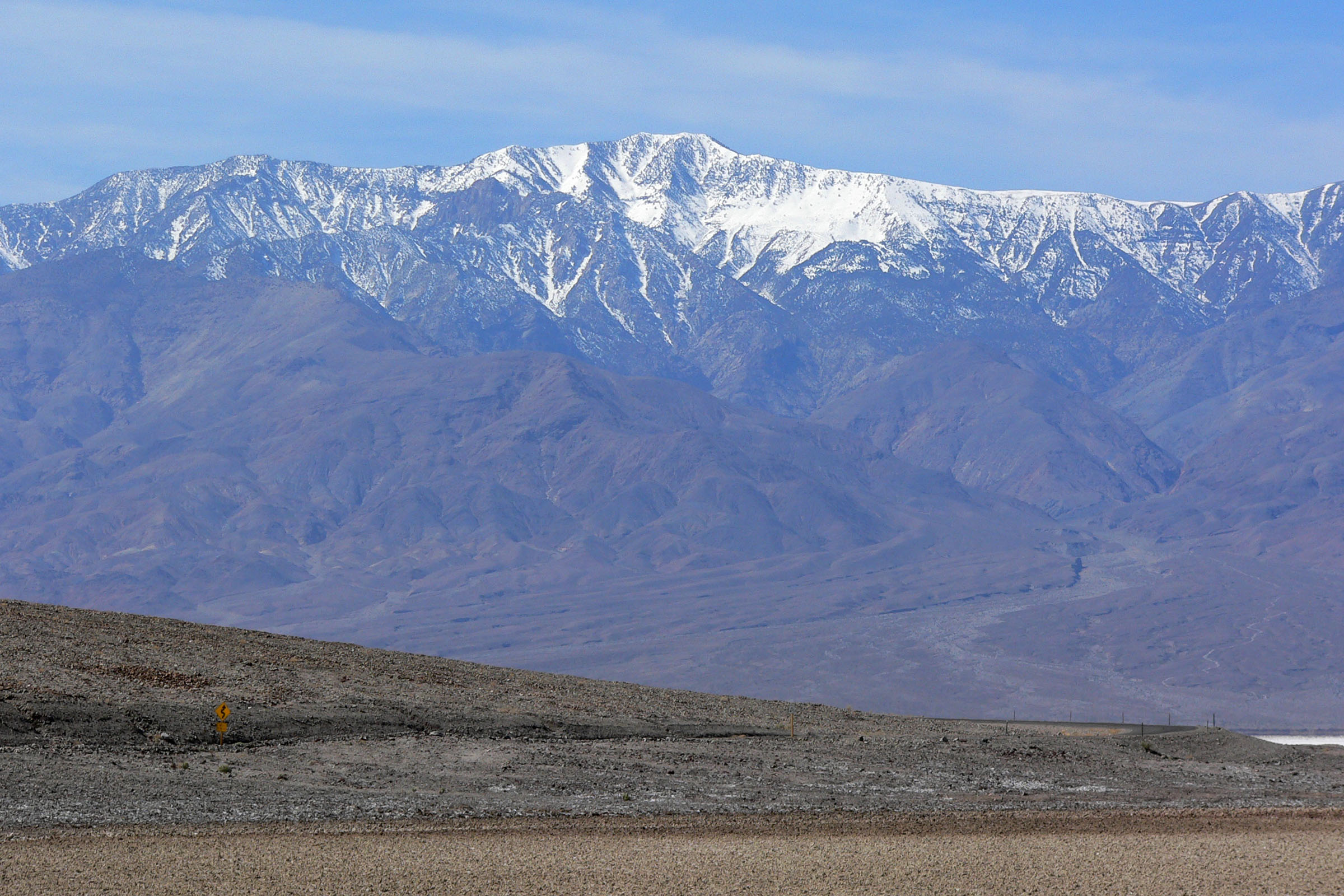 Telescope Peak in the Panamint Range, seen from Badwater in Death Valley, Death Valley National Park, California.