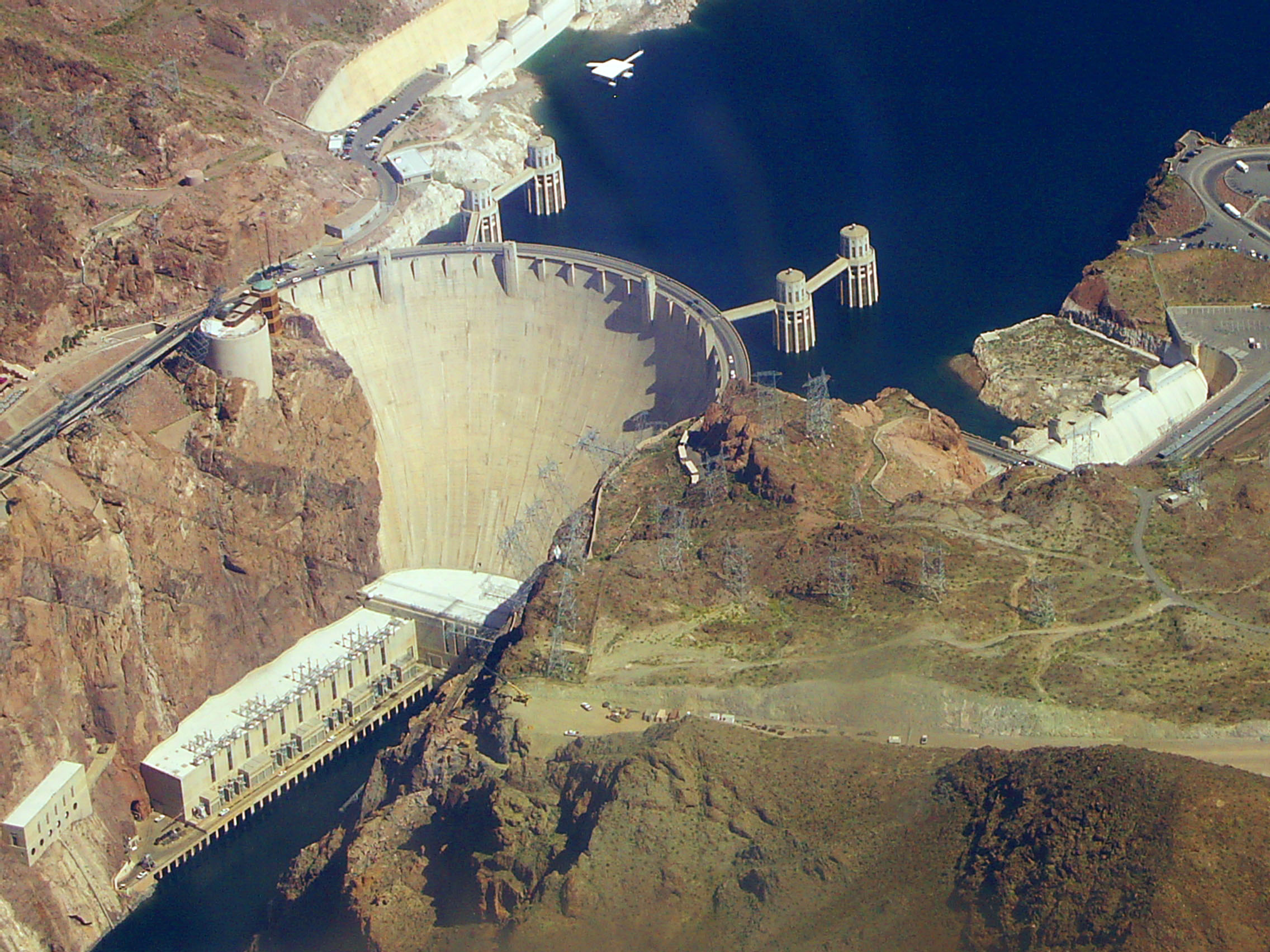 Hoover dam from plane, color balance corrected and gamma and contrast changes to restore original appearance of scene looks like coolgardie