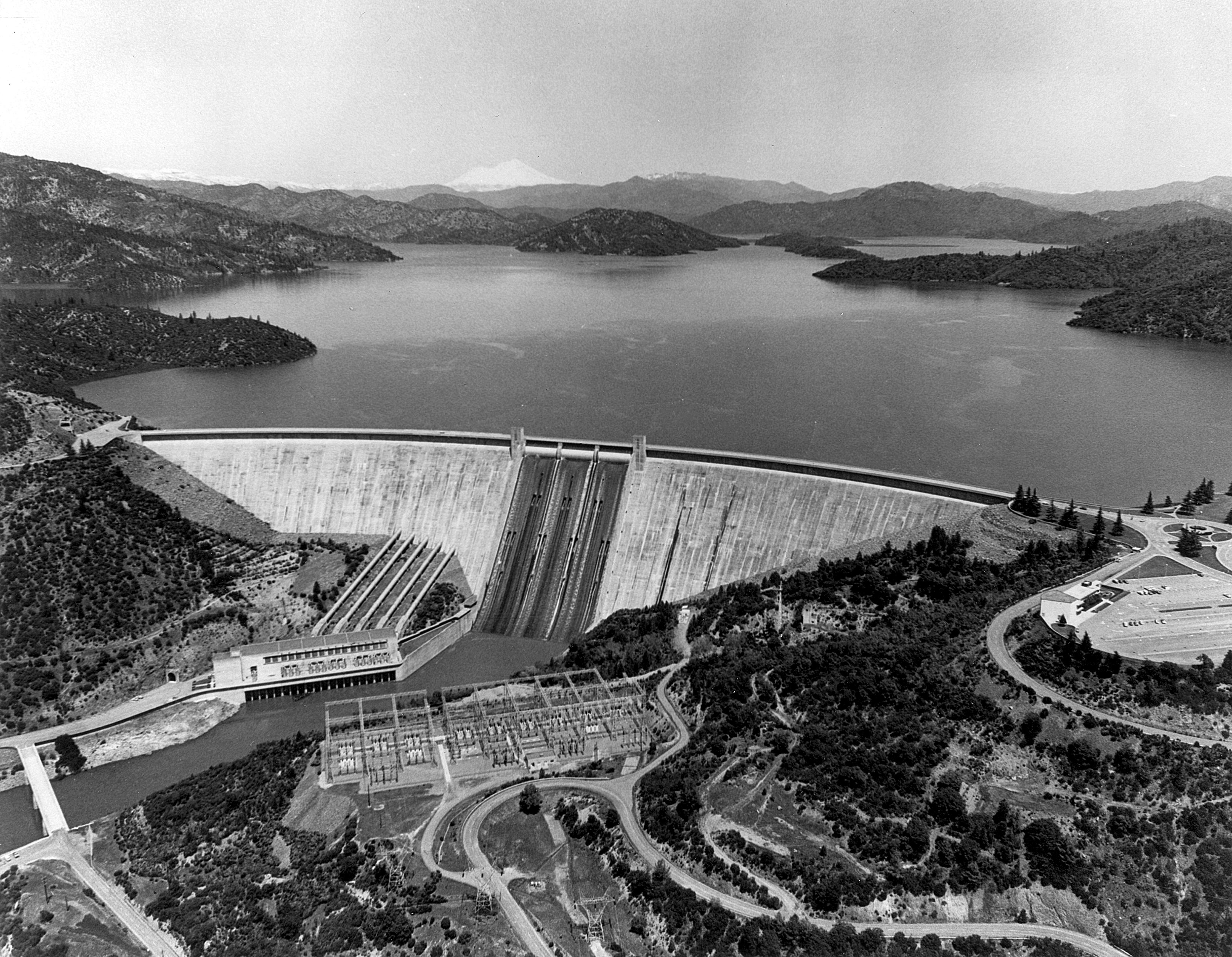 Aerial view of Shasta Dam and Lake on the Sacramento River north of Redding, California.