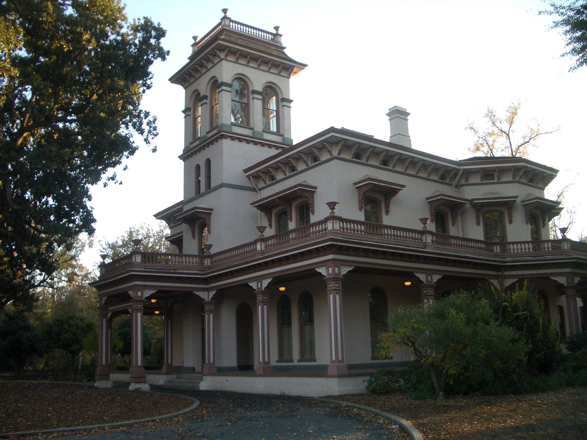 The Bidwell Mansion  — in Chico, California. 
The entrance facade with porte-cochère, verandas, and tower.
The three story, 26 room Victorian house (completed 1868) became the social and cultural center of the upper Sacramento Valley during the latter 1800s.

Credits
by Michael Favor, 2006.11.14, released under GFDL, late afternoon in autumn --Michaelfavor 00:07, 17 November 2006 (UTC)
Category:Images of Chico