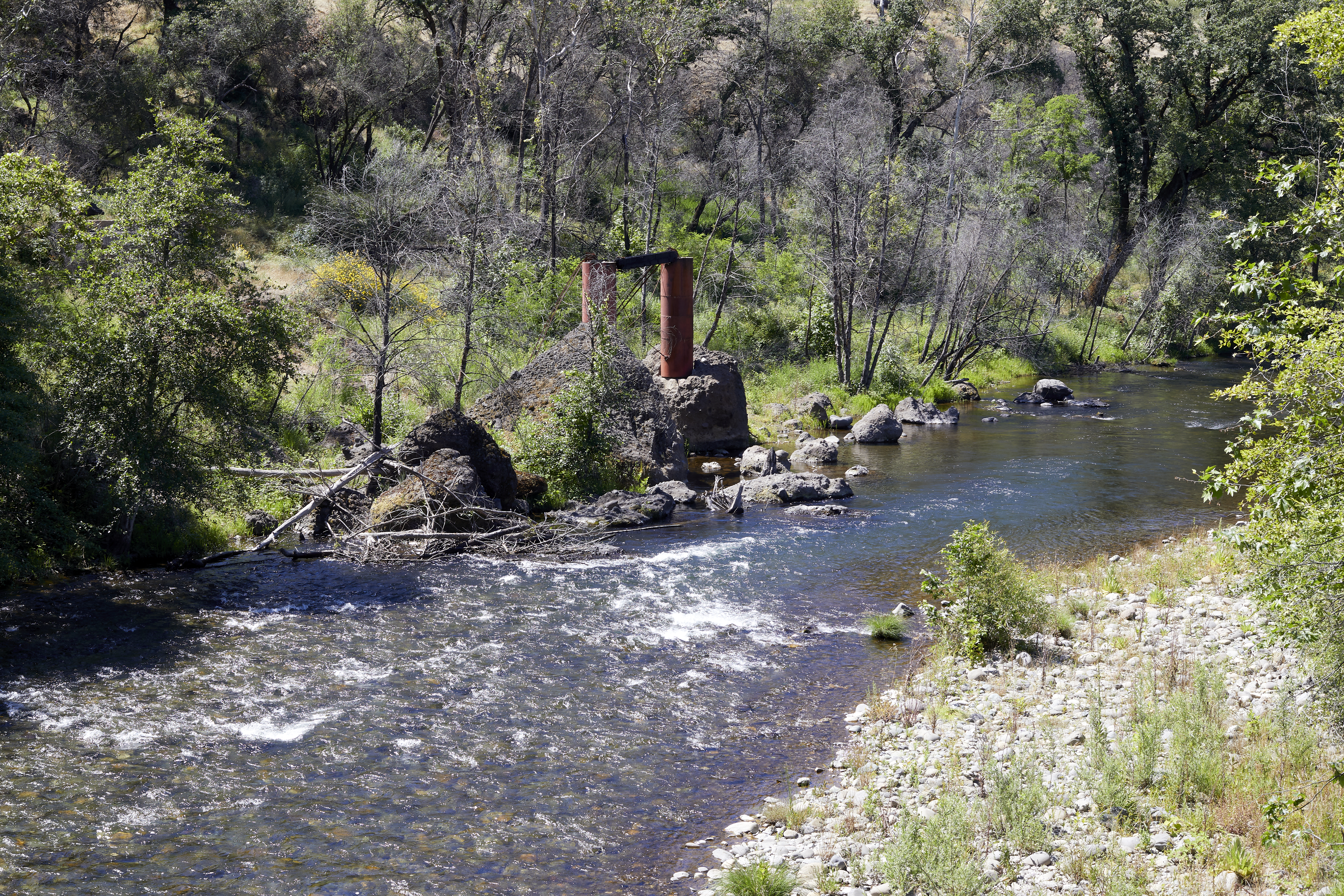 Remains of the Honey Run Covered Bridge across Butte Creek in Butte Creek Canyon, near Chico, California, on May 25, 2020.