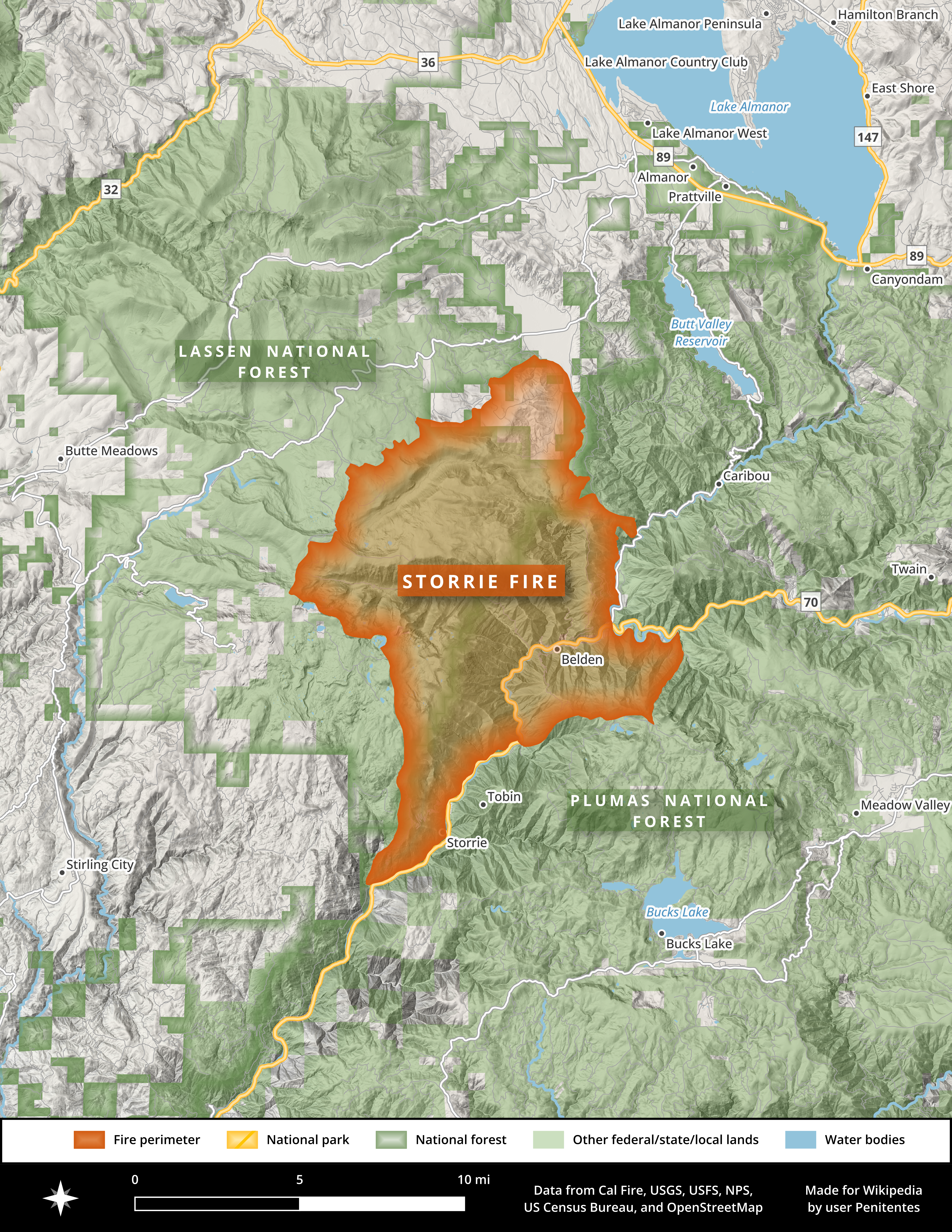This is a map of the footprint of the 2000 Storrie Fire in California's Plumas County, where the fire burned more than 55,000 acres. This image was made in QGIS using data from the California Department of Forestry and Fire Protection (Cal Fire), the National Hydrography Dataset (NHD), OpenStreetMap, and others.