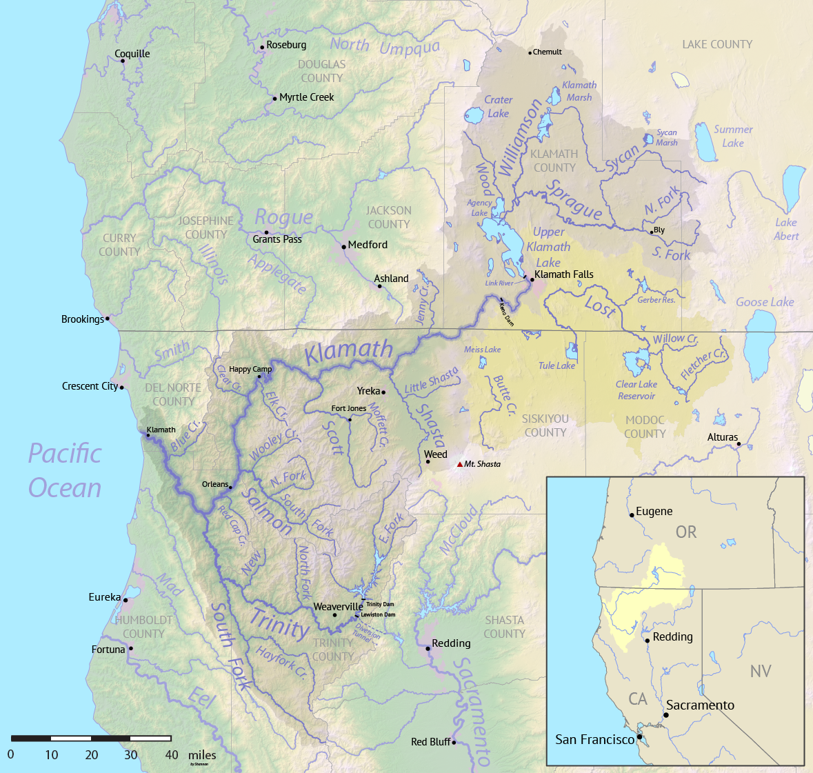 Map of the Klamath River basin in California and Oregon, United States. Klamath watershed shown in gray. The intermittently connected Lost River and Butte Creek watersheds are shown in yellow. Made using public domain USGS National Map data.