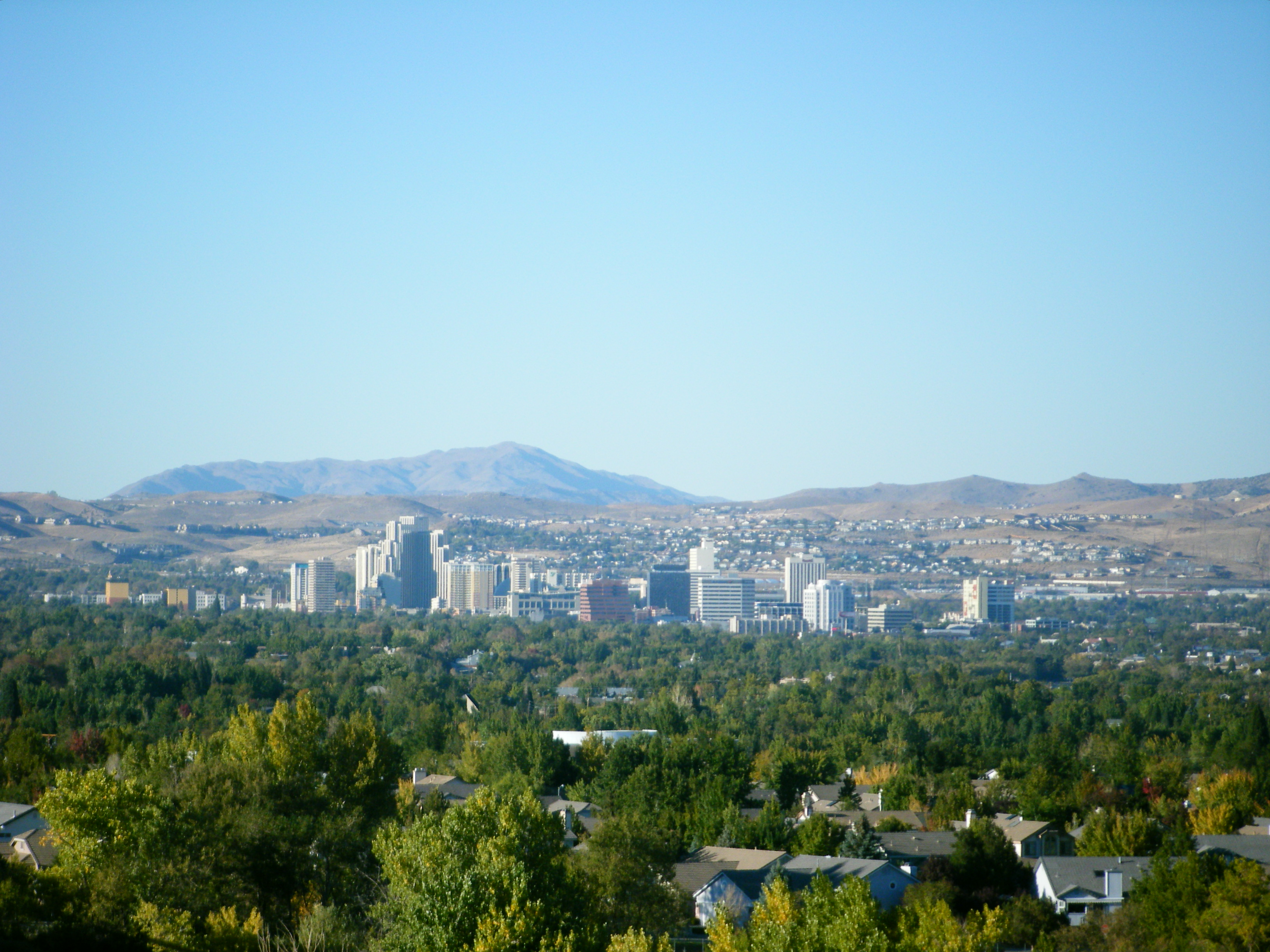 Skyline of Reno, Nevada. Camera is looking north towards downtown from Audrey Harris Park on Lakeside Drive.