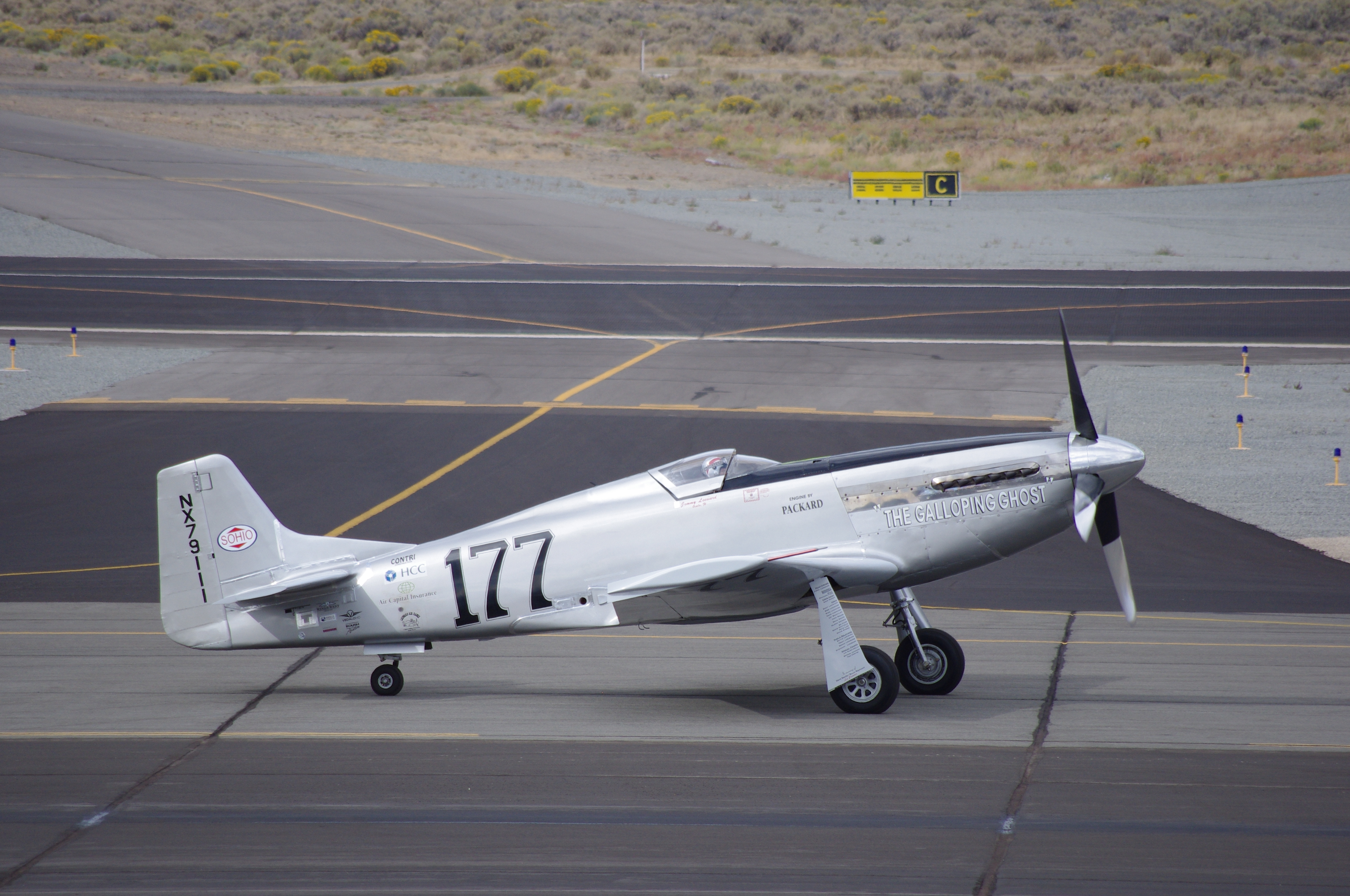 Jimmy Leeward's P-51 named the Galloping Ghost at the 2011 Reno Air Races right before takeoff.