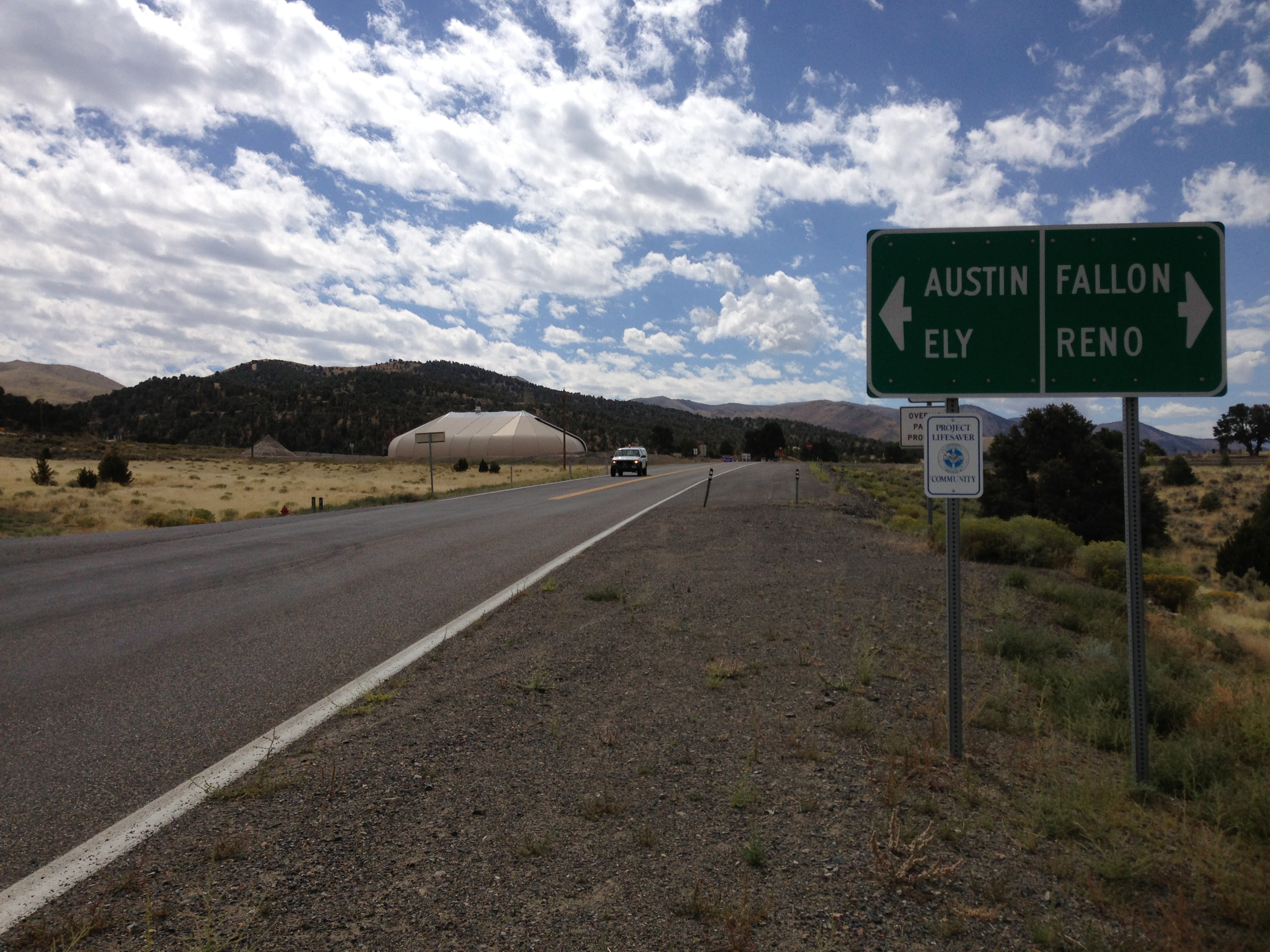 Signs near the south end of southbound Nevada State Route 305 (Austin-Battle Mountain Road) in Austin, Nevada