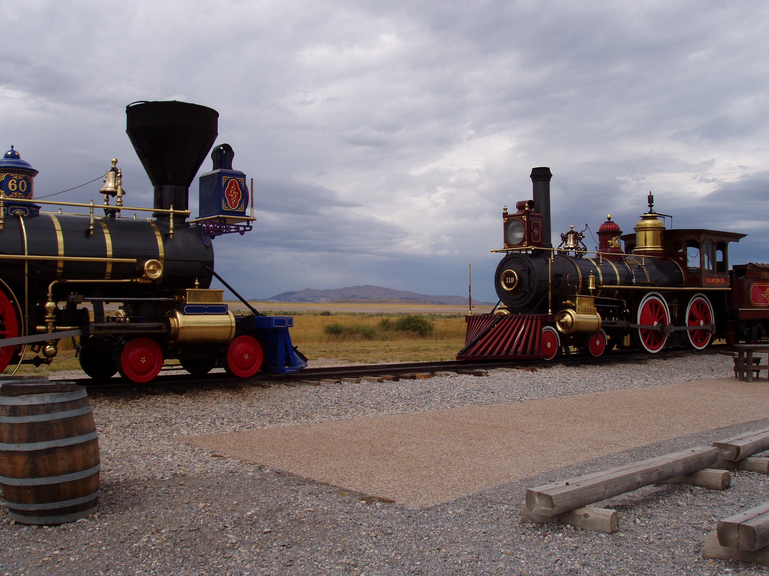 Photo taken by Hyrum K. Wright on August 18, 2005. This image was taken at the Golden Spike National Historic Site and shows the recreated No. 119 and Jupiter locomotives used to commemorate the driving of the Golden Spike to complete the continental railroad on May 10th 1869.