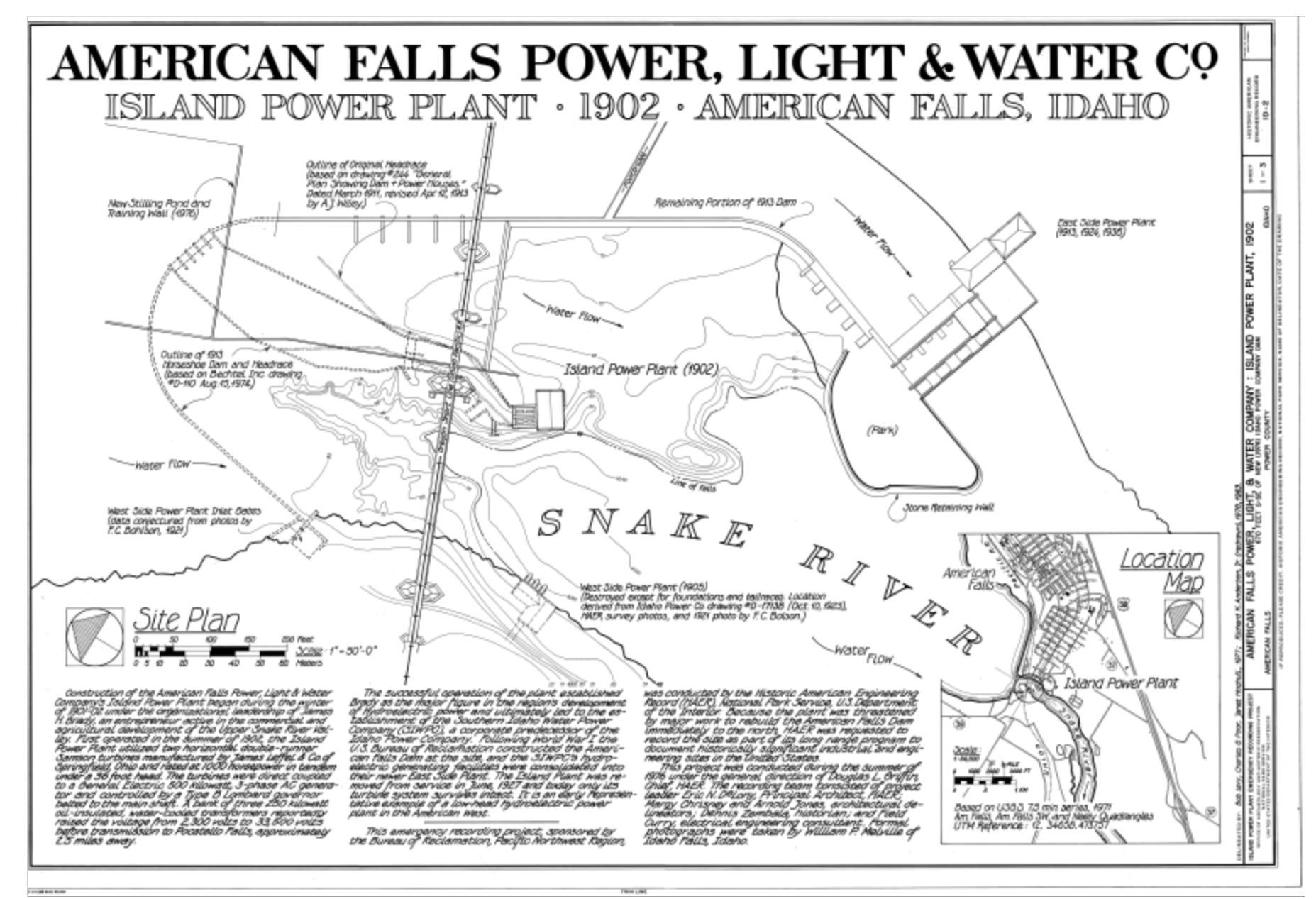 Historic American Engineering Record (HAER)
Plans for the first Hydroelectric Plant (1902) at American Falls on the Snake River

American Falls