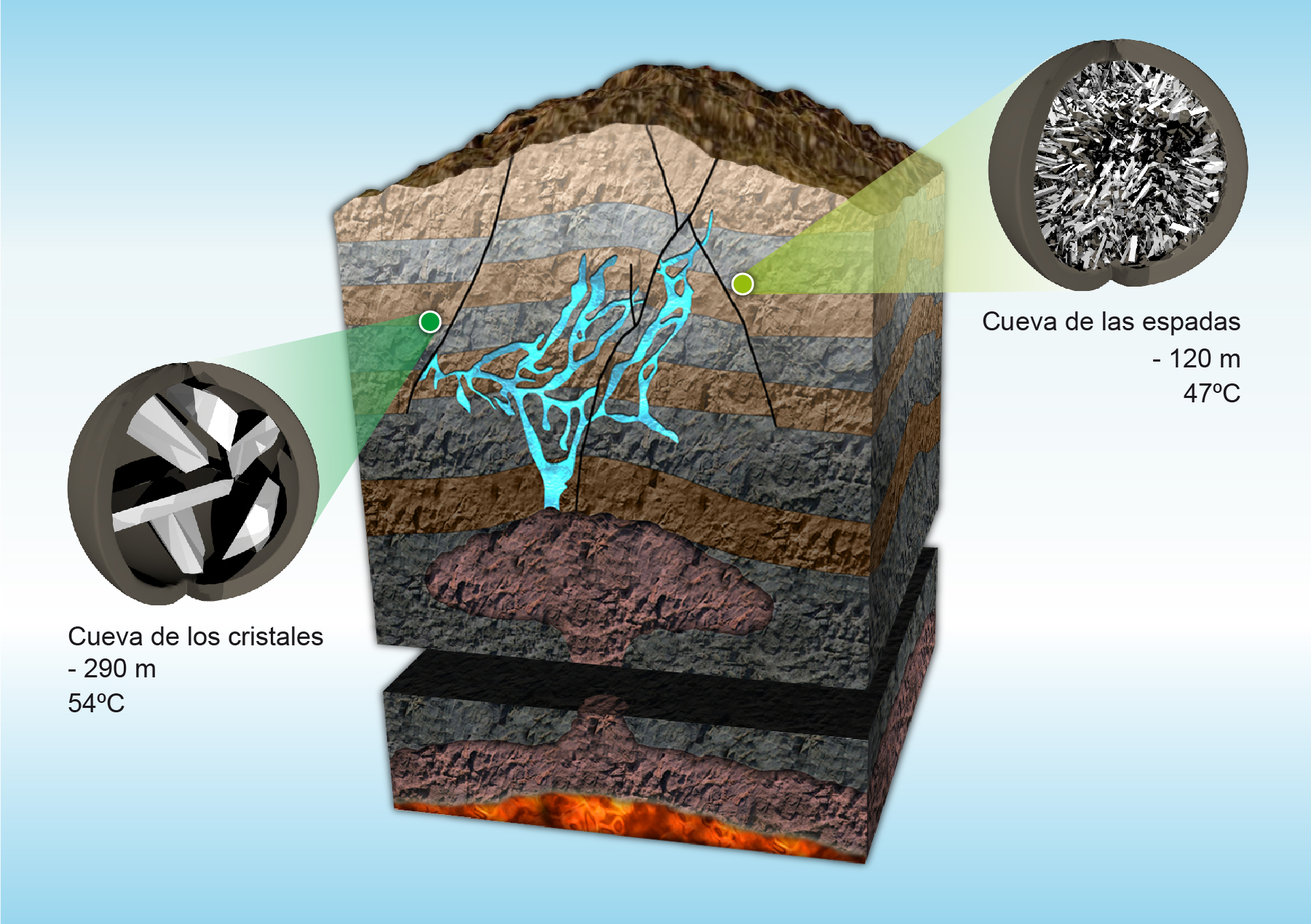 Location of the caves with the gypsum crystals within the idealized block diagram of Naica mine.
Indications in the image:

Swords cave:
Level: -120m
Aprox. crystals growth temperature: 45°C

Crystals cave:
Level: -290m
Aprox. crystals growth temperature: 55°C

Infographic by Albert Vila and Andreu Módenes with scientific monitoring Àngels Sabaté Canals, geologist at University of Barcelona (UB)