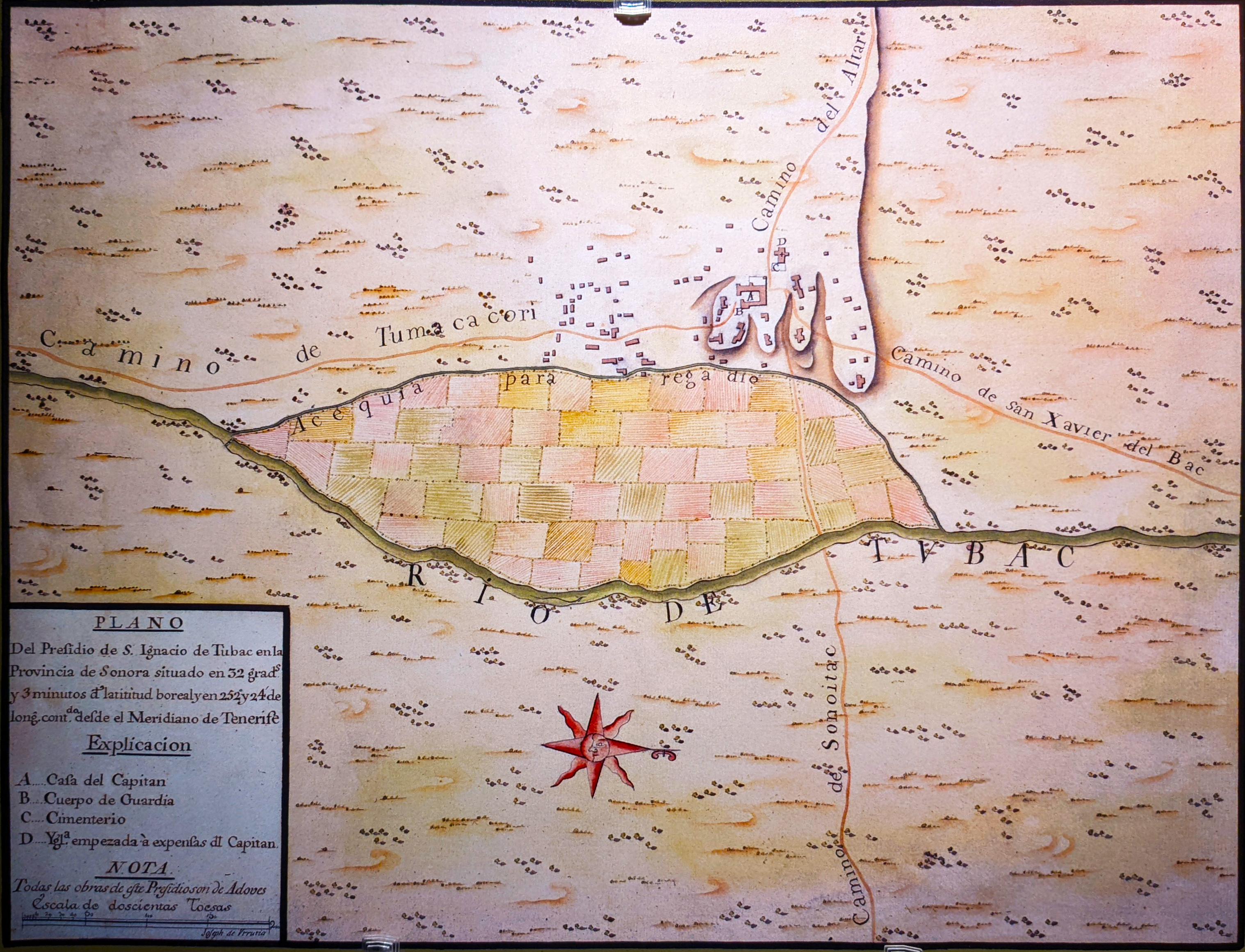 Urrutia Map of Tubac: December 1766—January 1767

A Spanish colonial era map locating San Ignacio de Tubac Presidio in the northern Viceroyalty of New Spain (Colonial México).
The present-day Tubac Presidio State Historic Park in Tubac, Arizona.