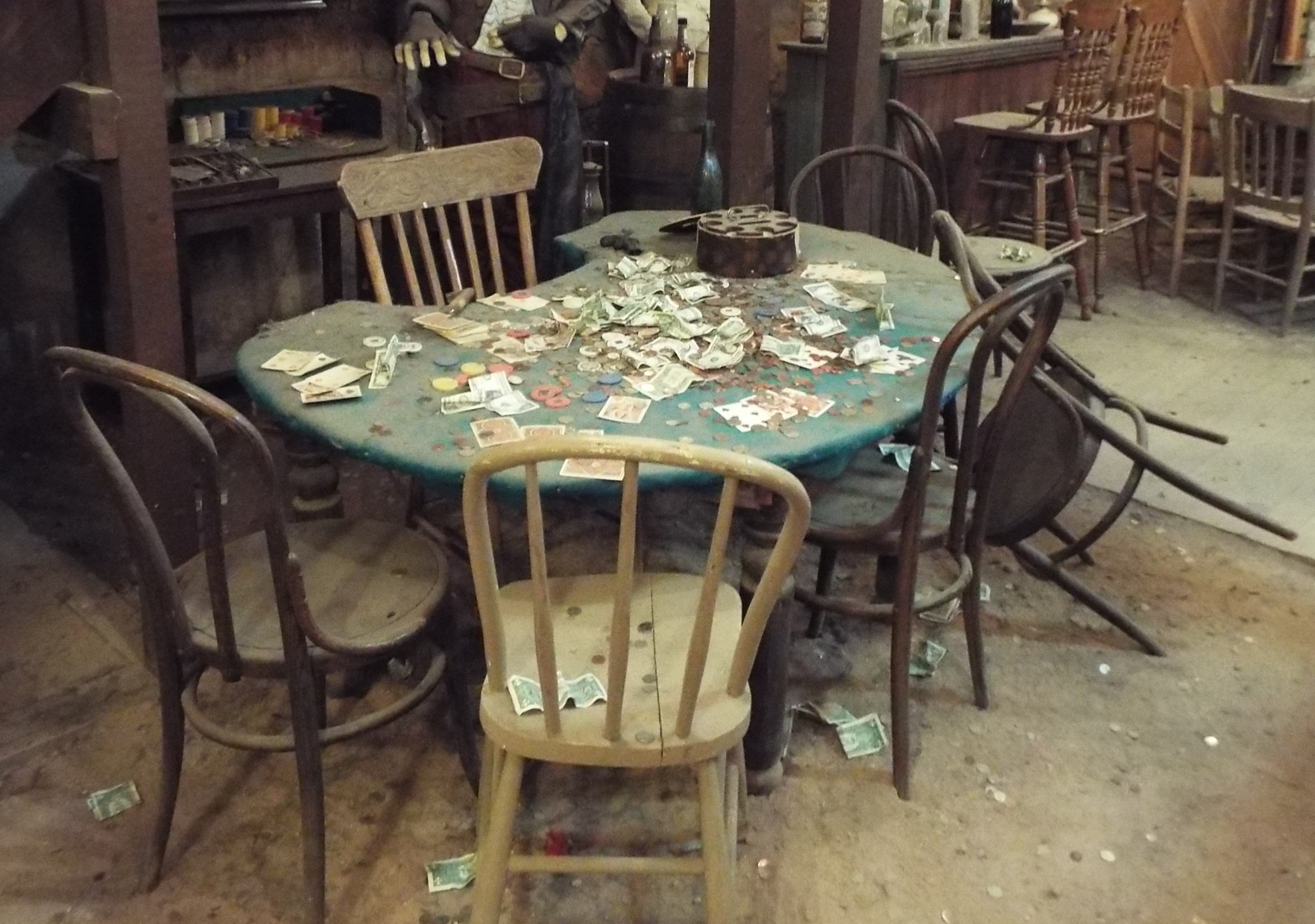 The historic poker table in the basement of the Bird Theater in Tombstone, Arizona where the longest poker game in history was played from 1881 to 1890. [1]