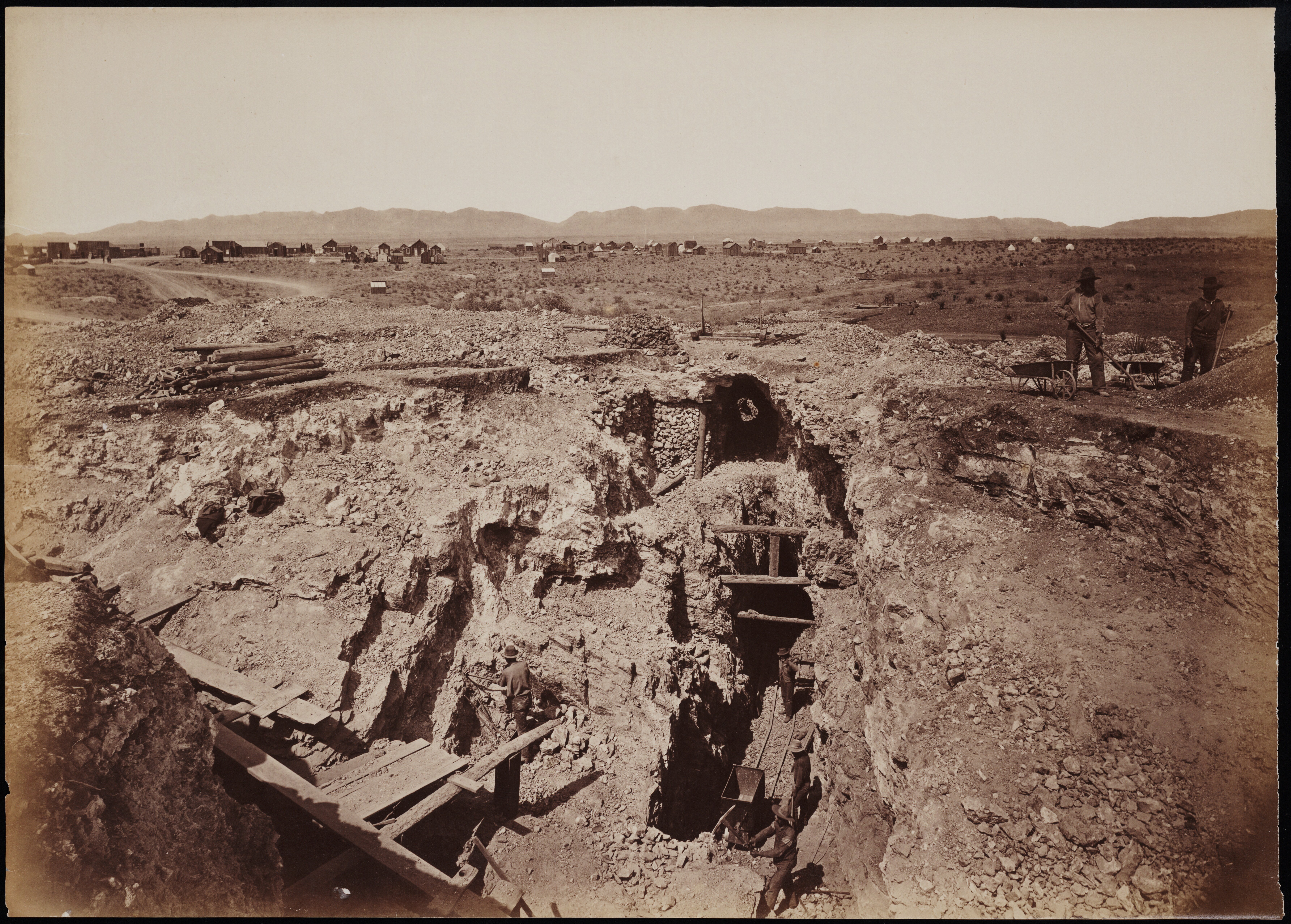 "Old South Shaft Ore Quarry, Face of Tough-nut Mine, part of Town of Tombstone, Arizona. Dragoon Mountains, with Cochise Stronghold in background," mammoth plate, by the American photographer Carleton E. Watkins. Courtesy of the Yale Collection of Western Americana, Beinecke Rare Book and Manuscript LIbrary, Yale University, New Haven, Conn.