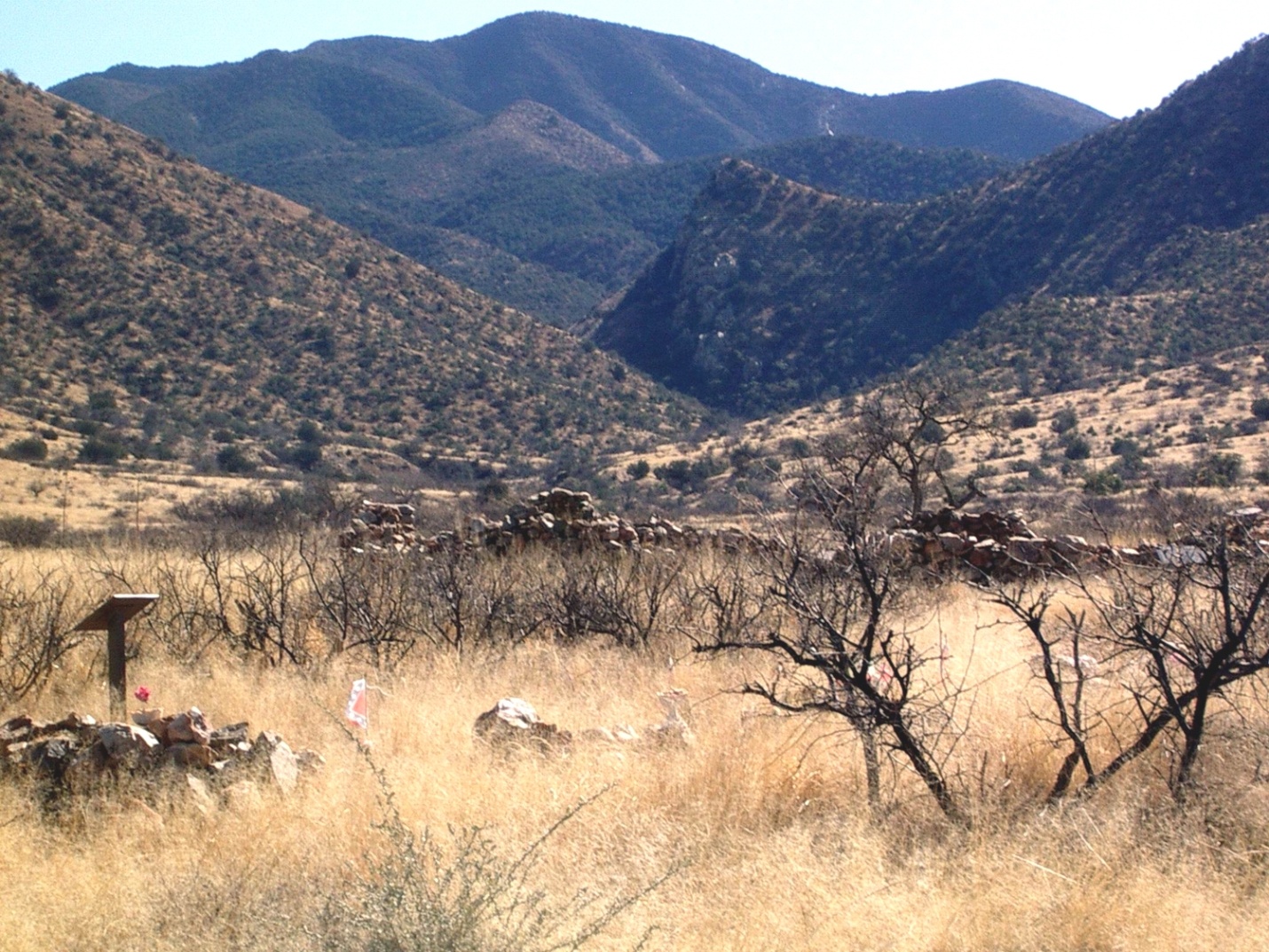 Dragoon Springs Stage Station ruins and Cemetery looking south towards the canyon and the location of Dragoon Springs one mile from the station. This is now a National Forest Service protected historic site.