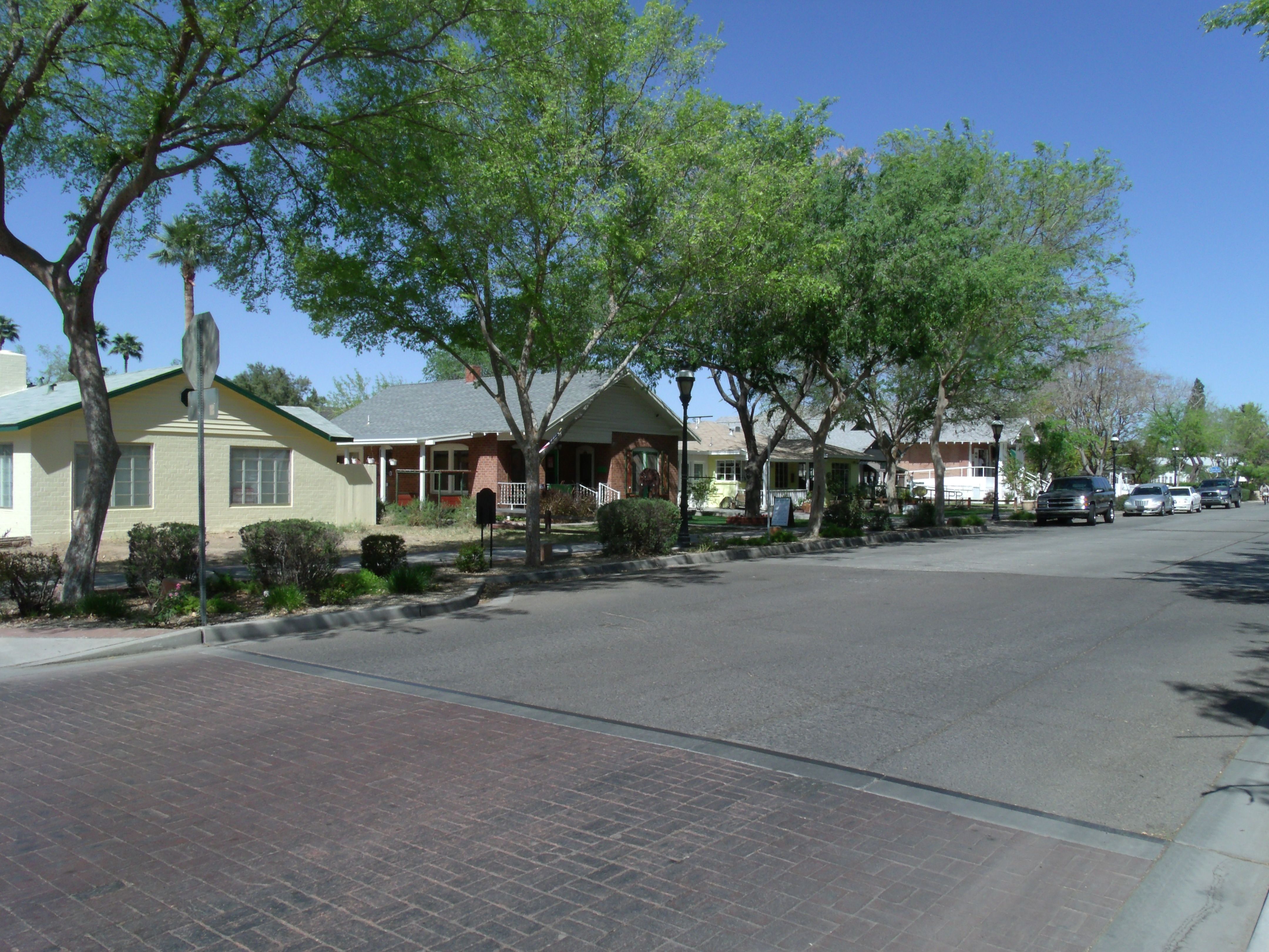 View of Historic (NRHP) Catlin Court District founded in 1914 in Glendale, Arizona. Listed in the National Register of Historic Places #92000680