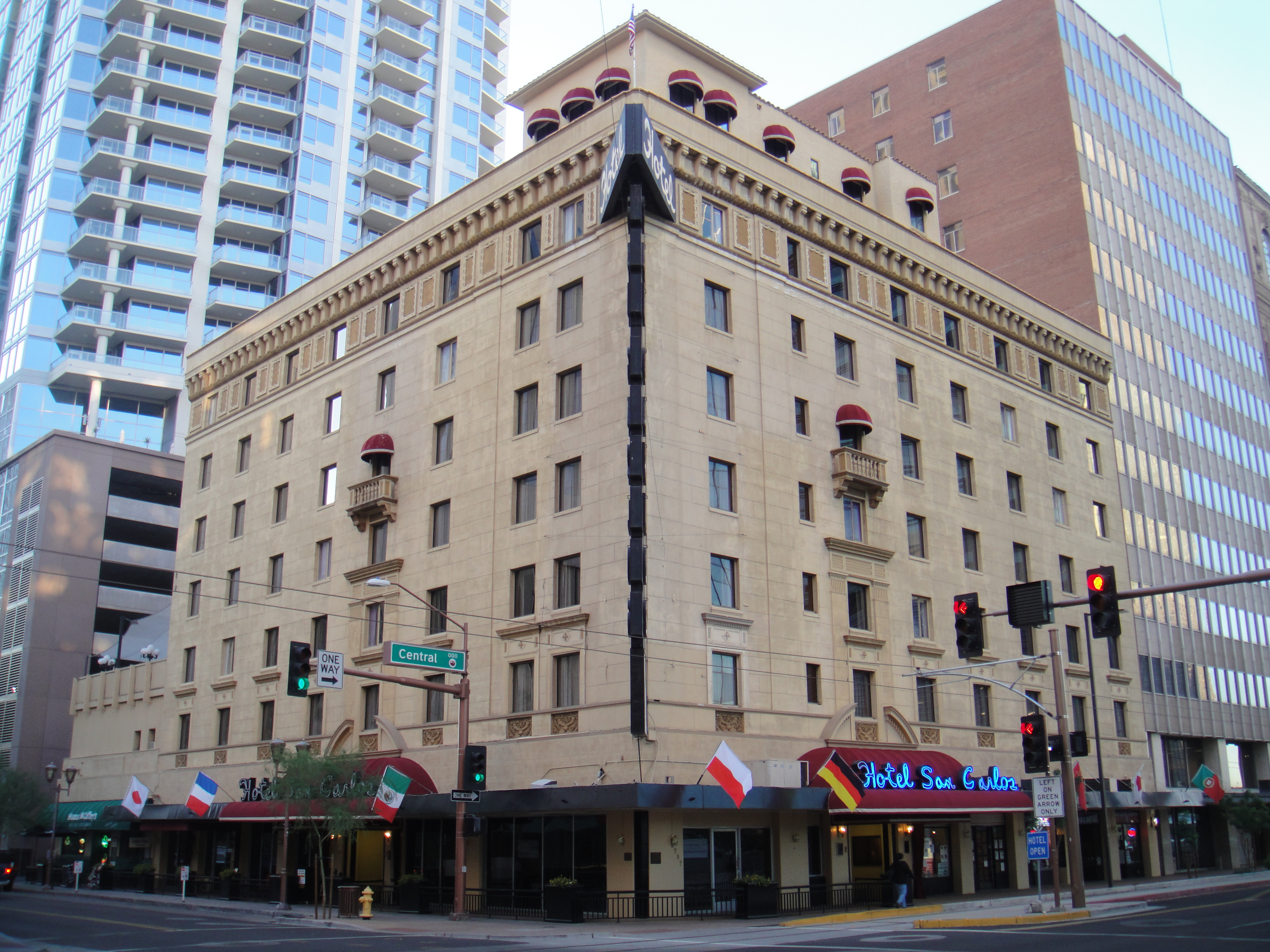 Photo of the South East corner of the Hotel San Carlos Hotel in downtown Phoenix Arizona