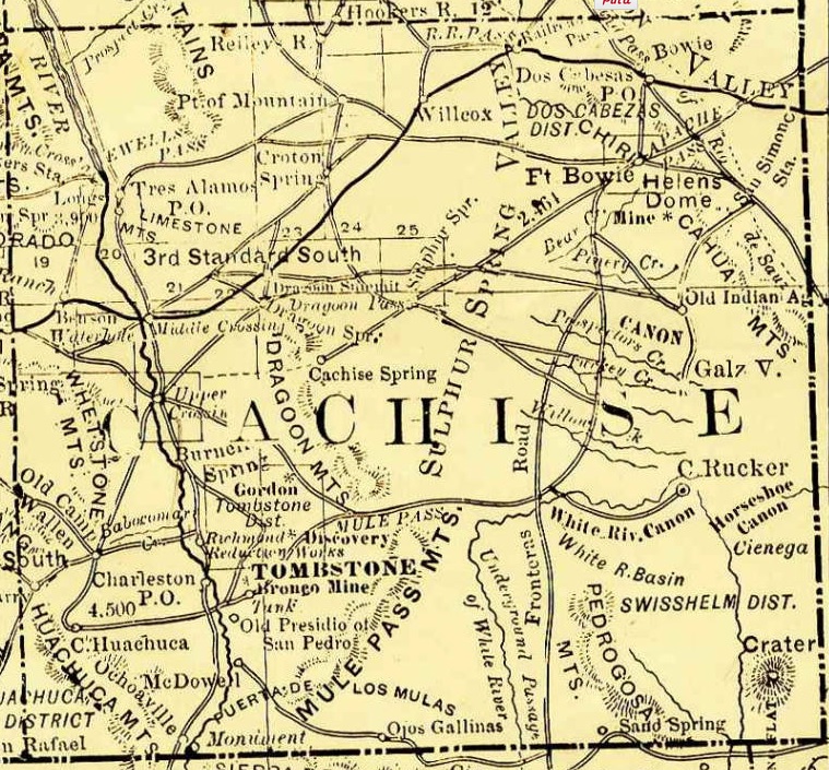 Arizona, 1881, map showing roads, railroads, towns, mines, mountains and rivers. Enlarged and cropped Cochise County portion of map.