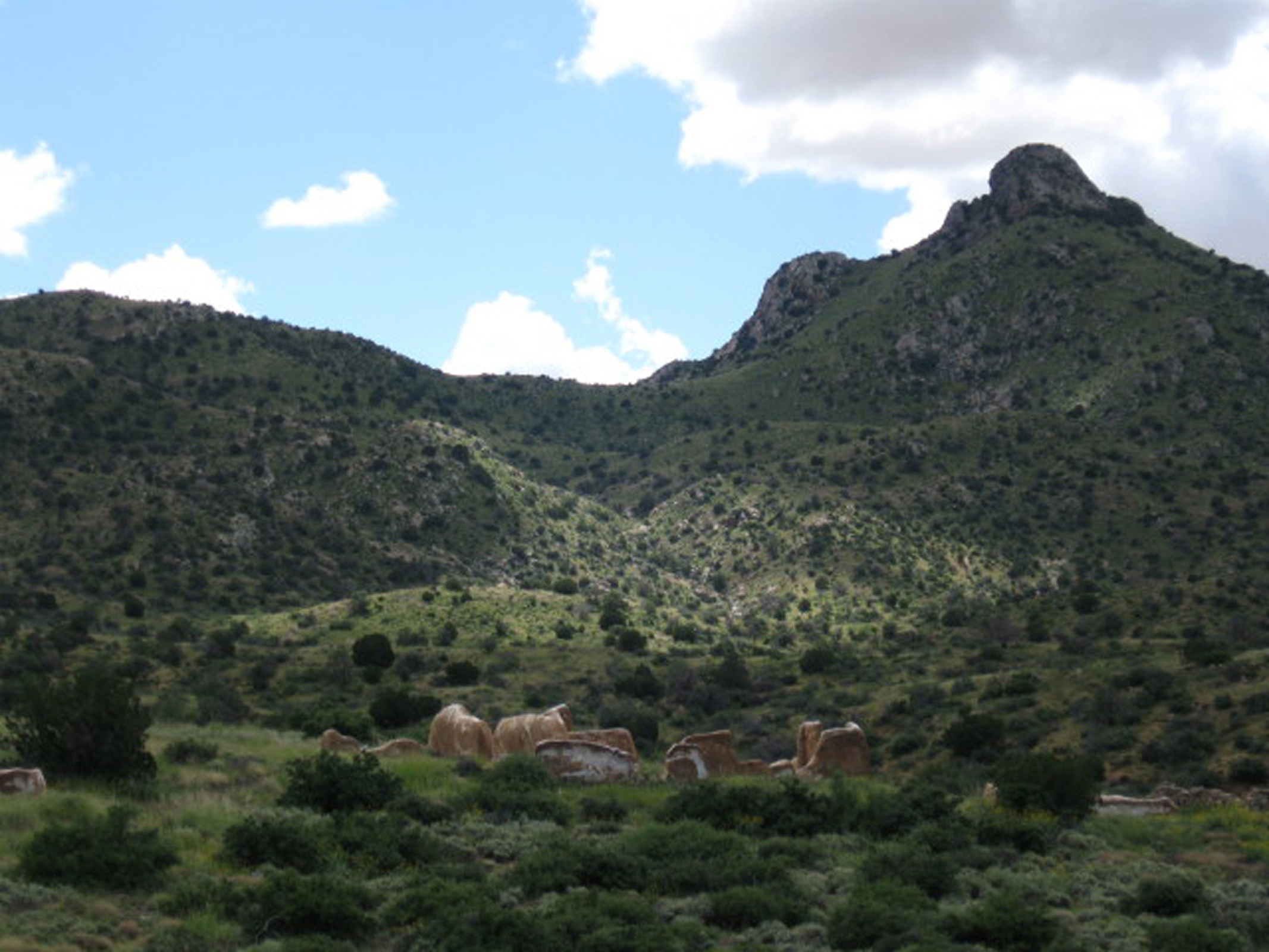 Looking over fort ruins.
A sweeping view over fort ruins towards Bowie Peak.
Keywords: outdoor landscape; scenic view; scenic; fort; fort bowie; historic site; bowie peak; ruins; fort ruins