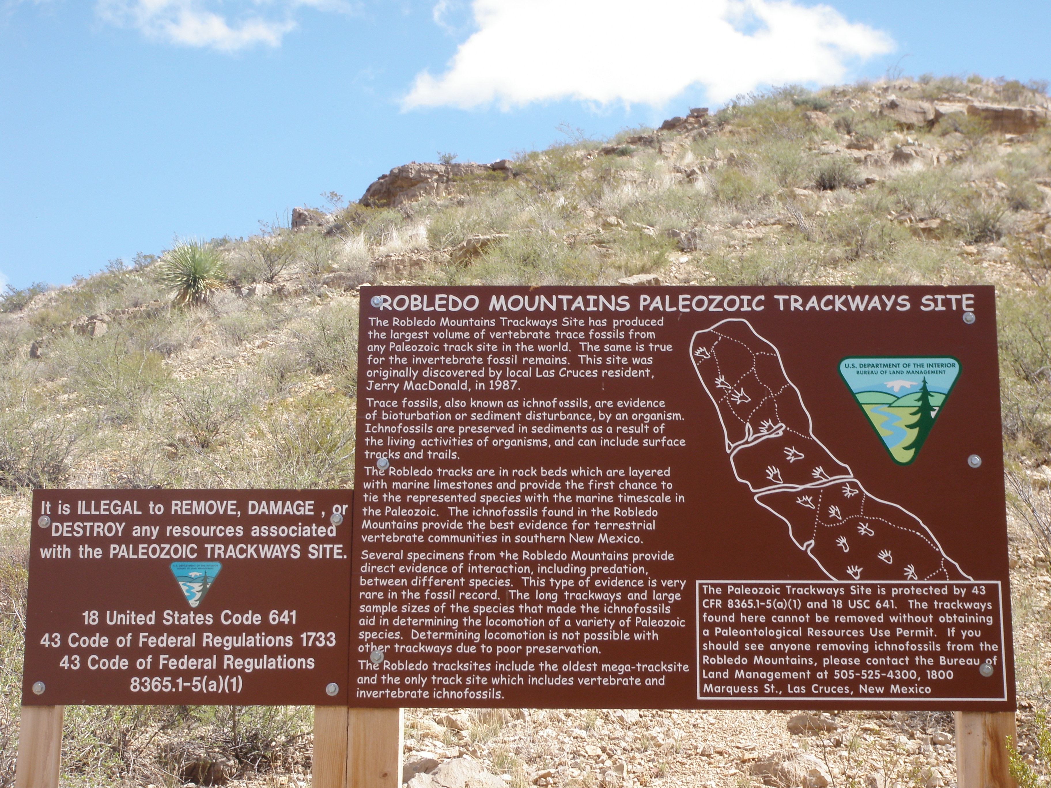BLM sign located at the discovery site in the Prehistoric National Monument.