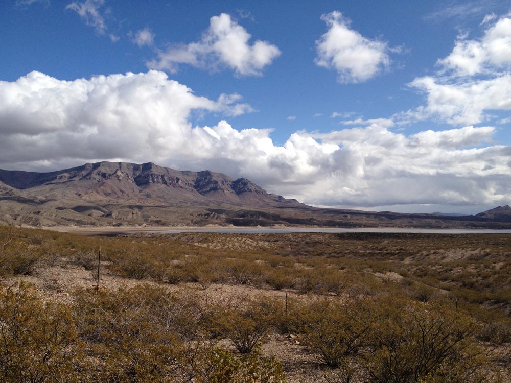 Caballo Lake and the Caballo Mountains in Sierra County, southern New Mexico, USA. Taken from "Old Highway" 187 (east of Interstate I25) looking east.