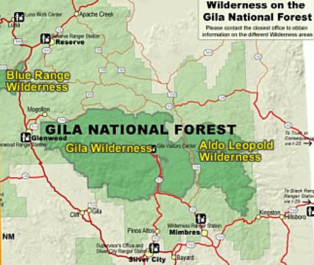 A map of Wilderness Areas in the Gila National Forest, including Gila, Aldo Leopold, and Blue Range Wilderness.