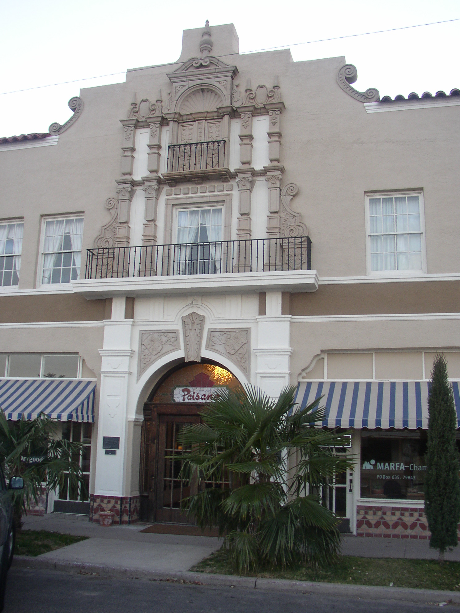 El Paisano Hotel — at North Highland and West Texas Streets, in Marfa, Presidio County, Texas.
The 1930 building was designed by the architectural firm of Trost &amp; Trost.