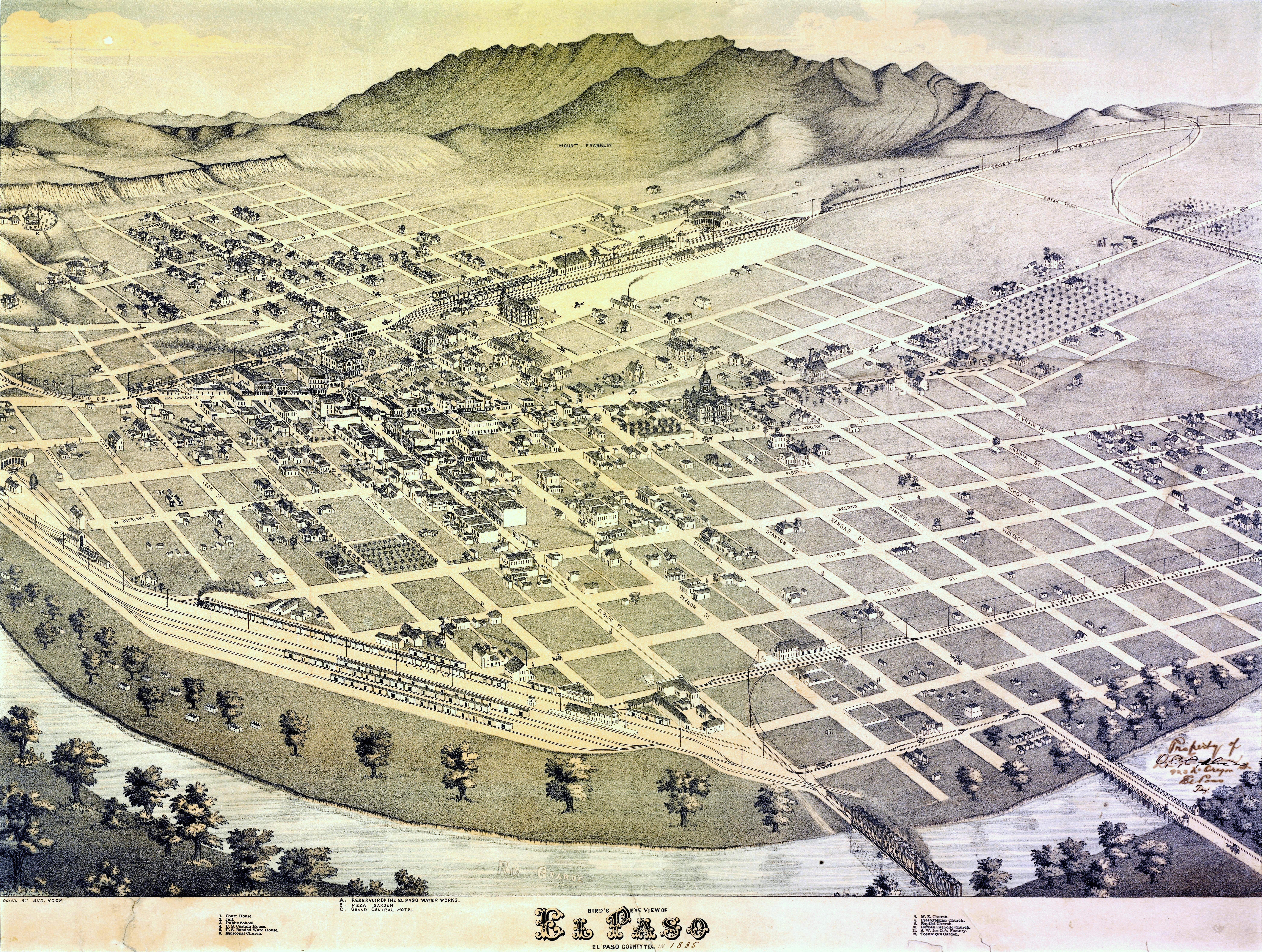 El Paso, Texas in 1886. Bird's Eye View of El Paso, El Paso County Texas, 1886. Lithograph, 20 x 30 in. Lithographer unknown. Private Collection.