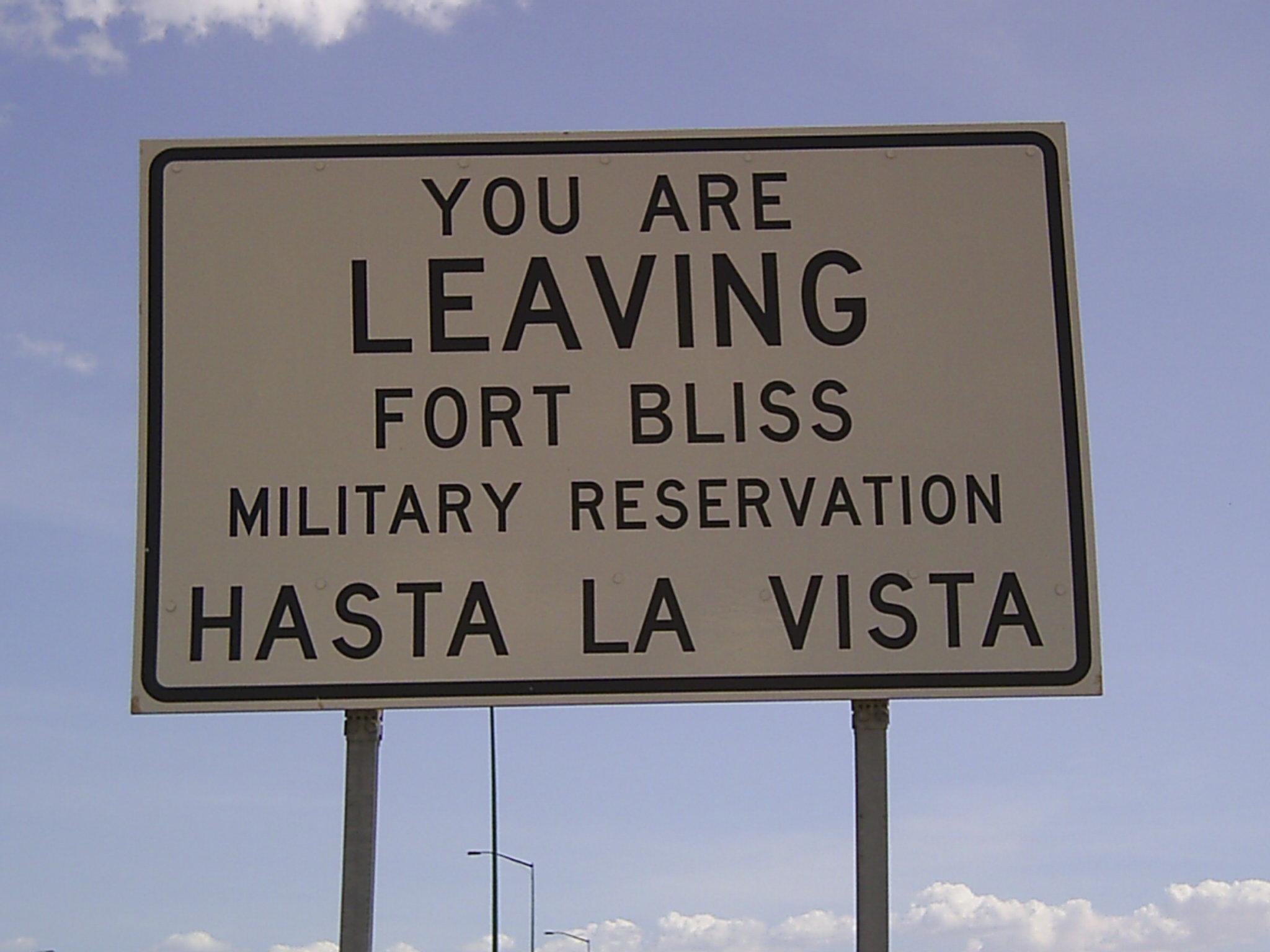 Civilian expansion has gradually encroached on land occupied by Fort Bliss, prompting city officials to place signs at the border where the two meet. This particular sign on Loop 375 denotes the end of the military installation on the far east side of El Paso.
