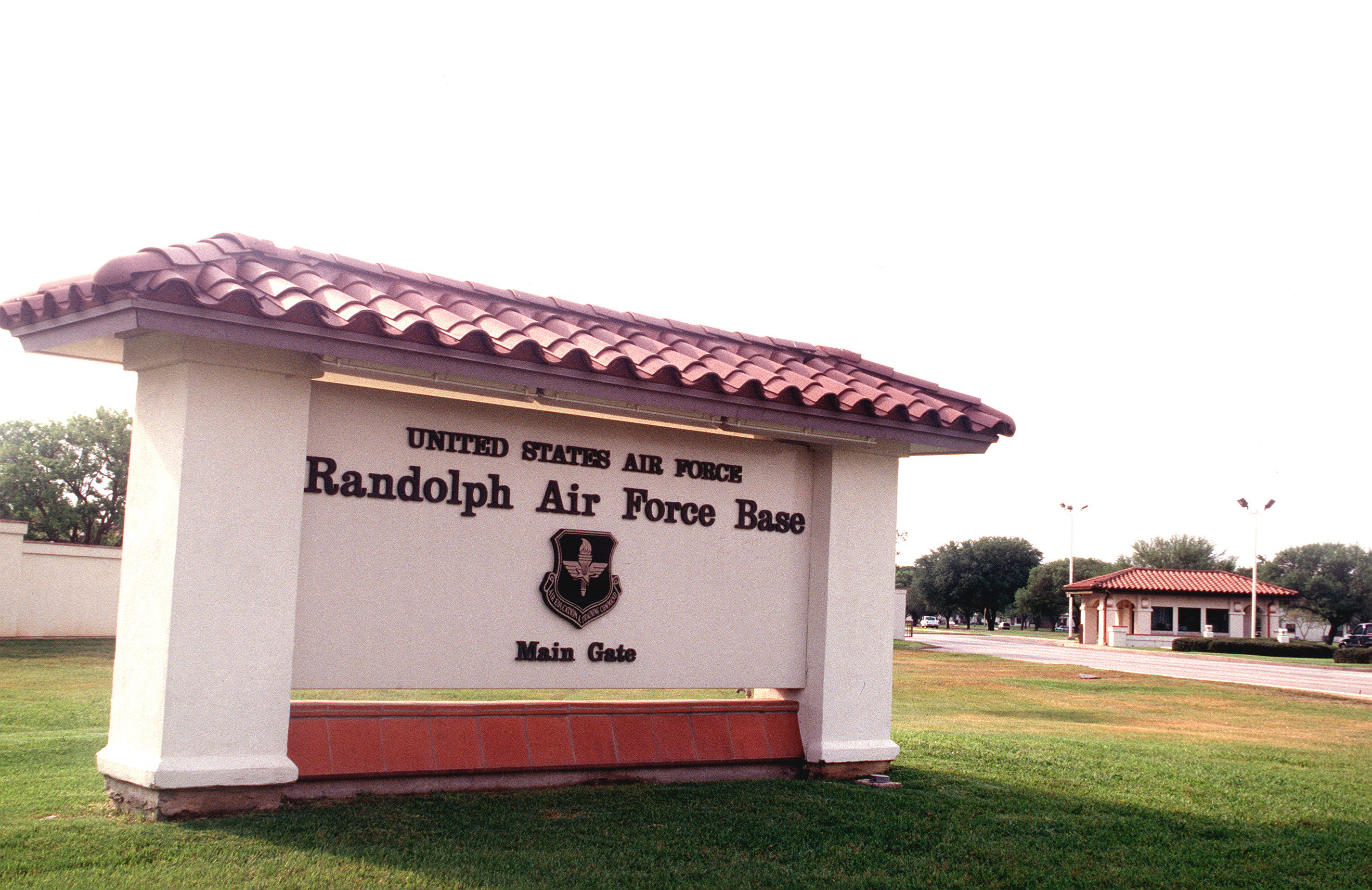 A medium-range view of the base sign at the main gate.Location: RANDOLPH AIR FORCE BASE, TEXAS (TX) UNITED STATES OF AMERICA (USA)