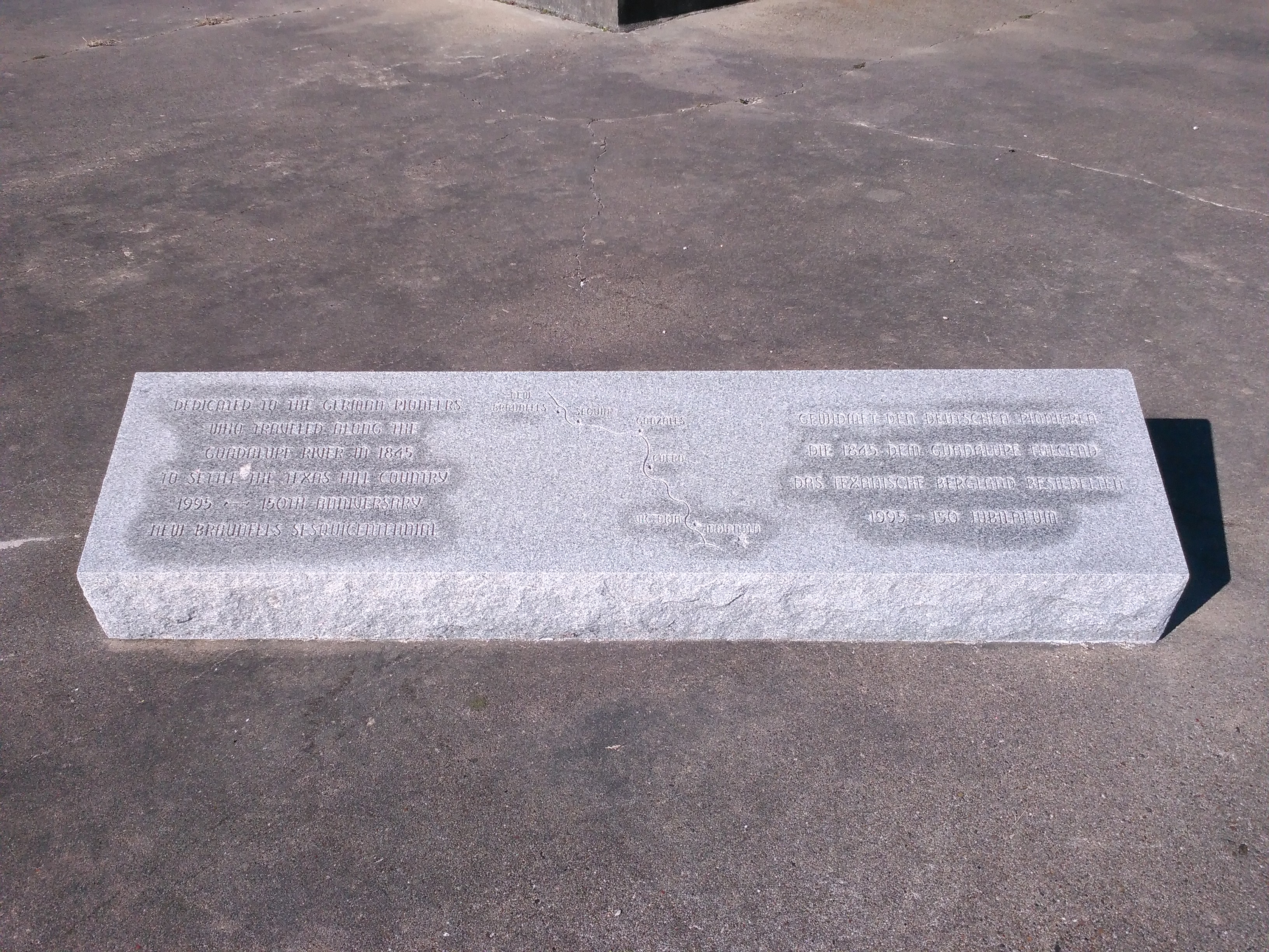 German immigration marker, Indianola, Texas - "Dedicated to the German pioneers who traveled along the Guadalupe River in 1845 to settle the Texas Hill Country1995 - 150th AnniversaryNew Braunfels Sesquicentennial"