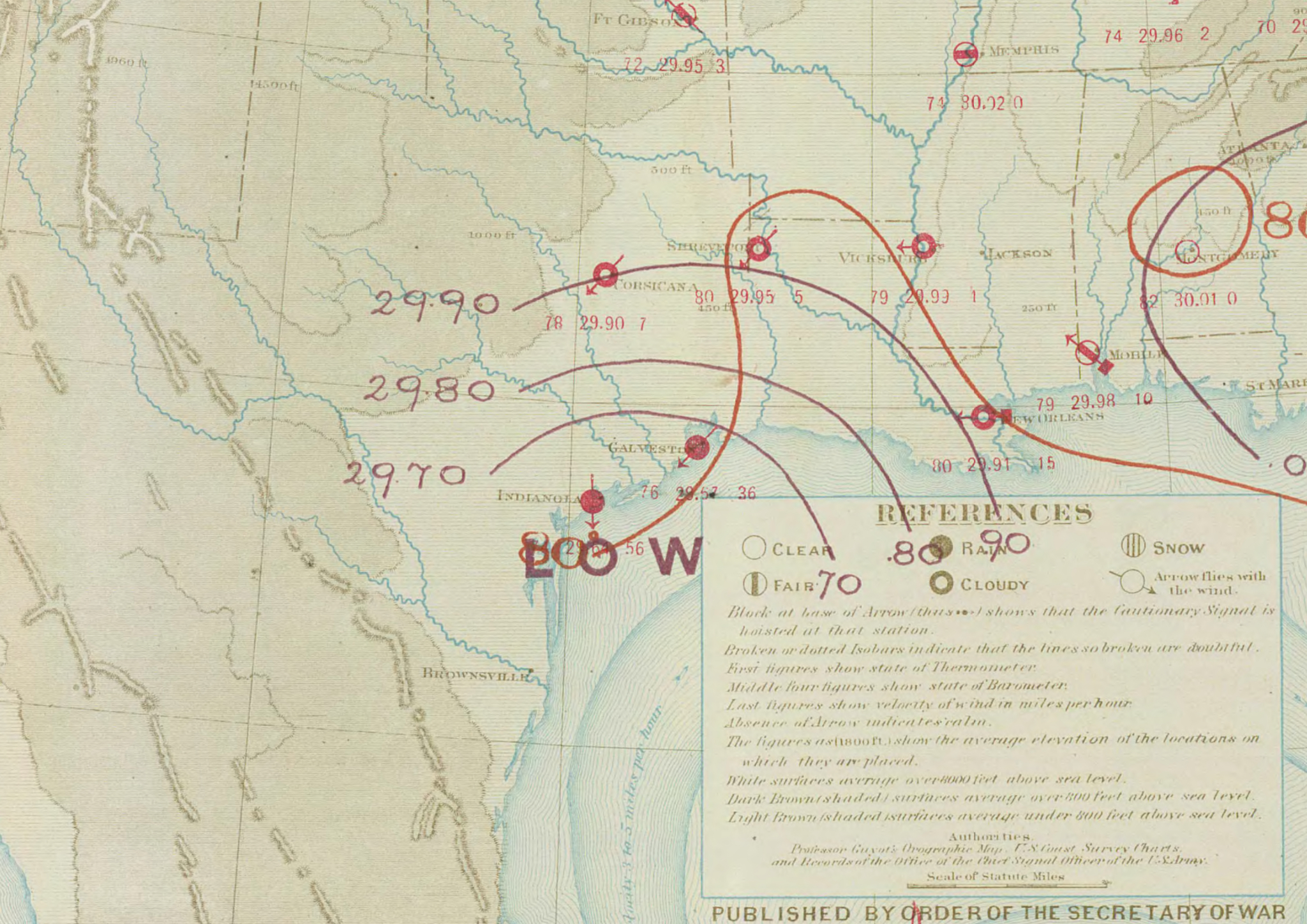 Weather map of the hurricane on September 16, 1875, nearing landfall in Texas at peak intensity.