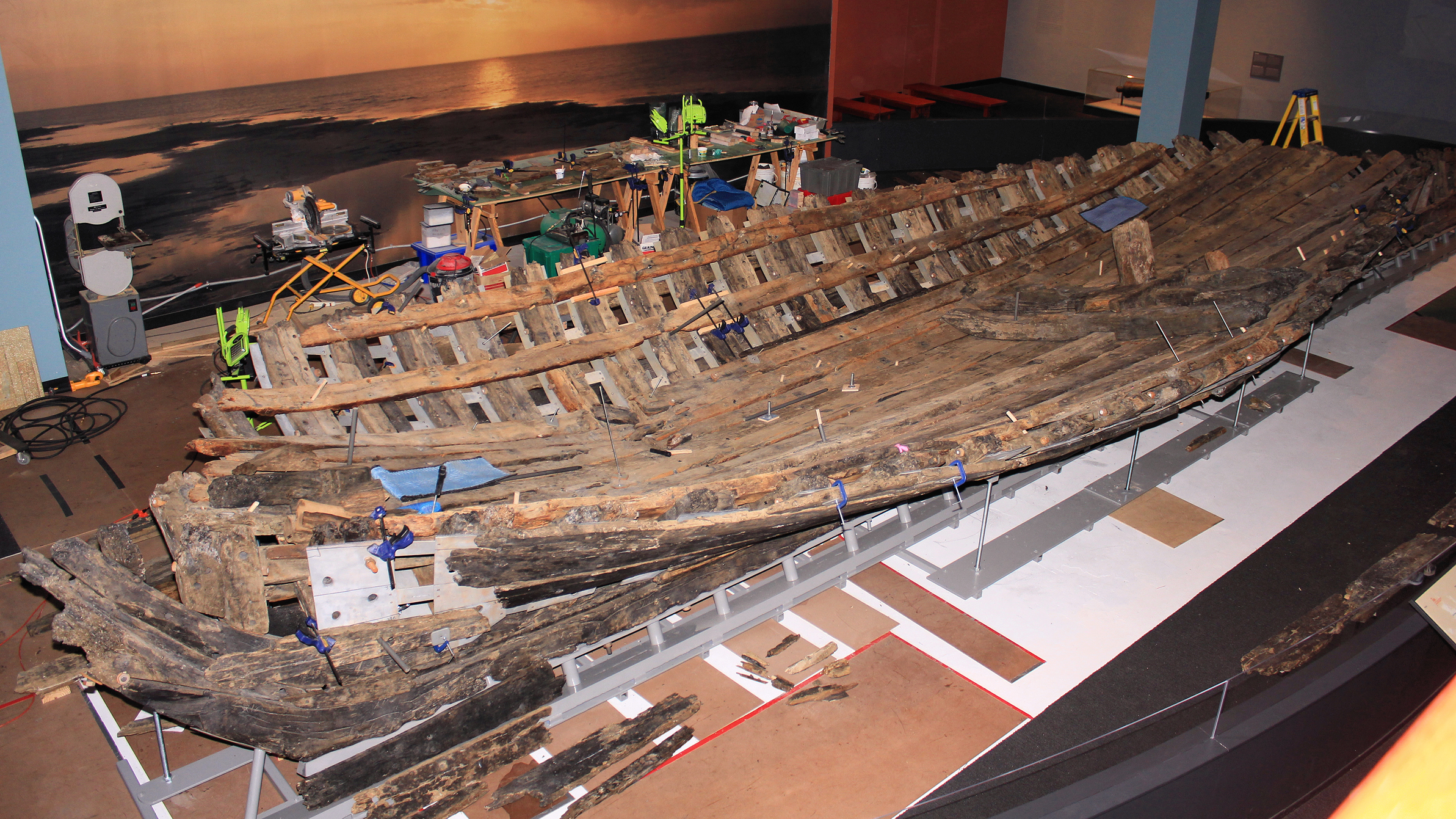 The ongoing reconstruction of the French ship La Belle at the Bullock Texas State History Museum in Austin, Texas, United States.