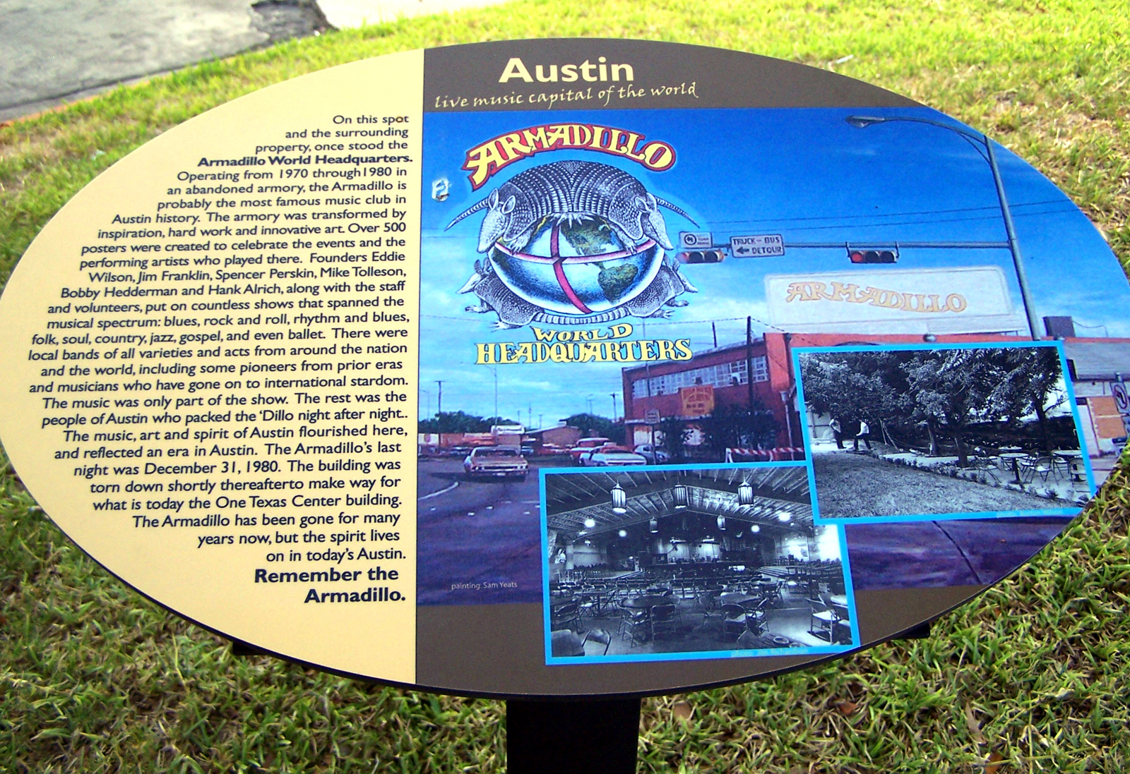 Commemorative plaque in the parking lot of One Texas Center, Barton Springs Rd and South 1st St, Austin, Texas, United States at the site where the Armadillo World Headquarters once stood. The plaque was dedicated on August 19, 2006.