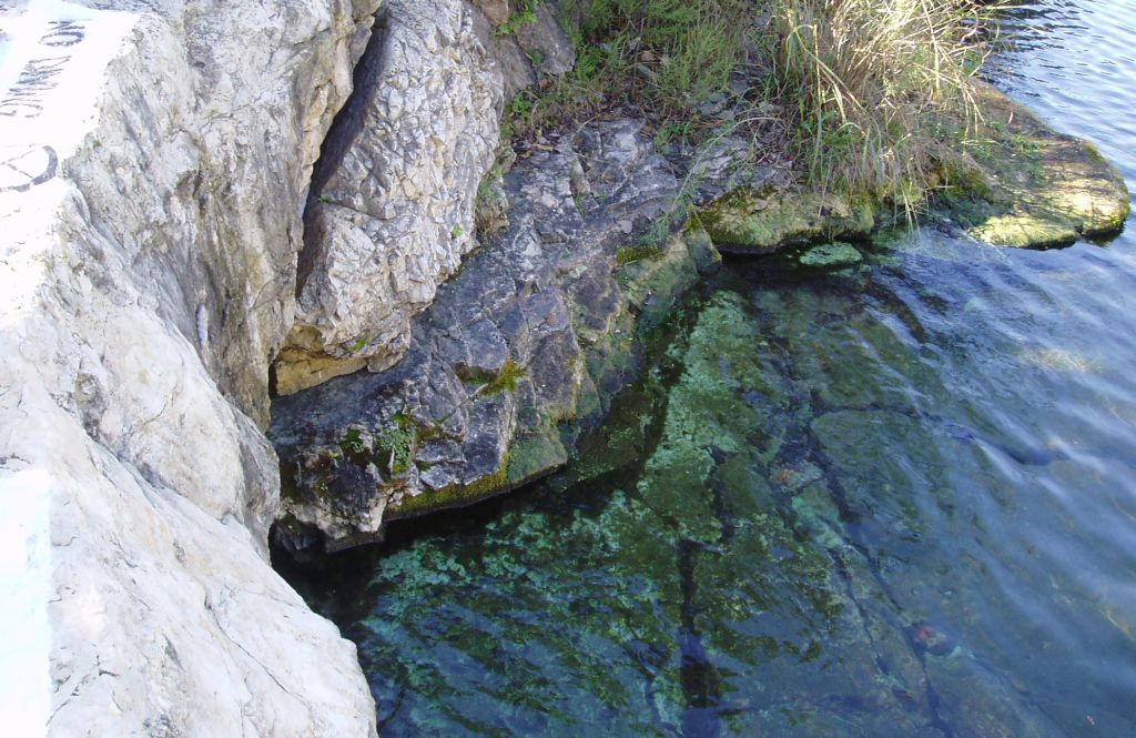 Main Barton Spring in Austin, Texas, a prominent fracture (visible here) in limestone rock. Through this artesian karst spring water emerges to the surface from the karstic Edwards Aquifer. This spring is situated near the diving board in Barton Springs Pool. Photo provided by US Geological Survey.