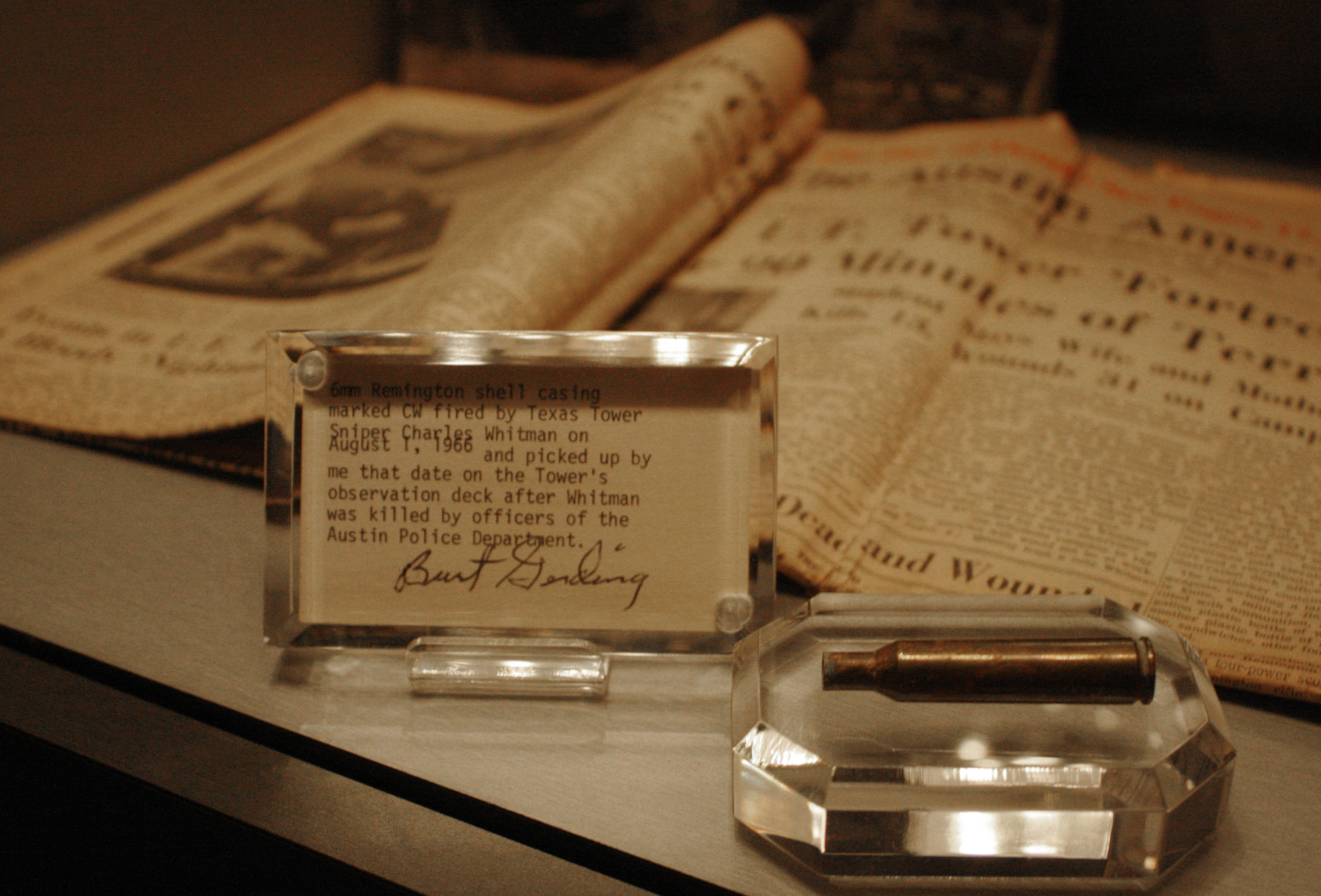6mm Remington shell casing marked CW fired by Texas Tower Sniper Charles Whitman on August 1, 1966, displayed at the National Museum of Crime & Punishment, Washington, D.C.