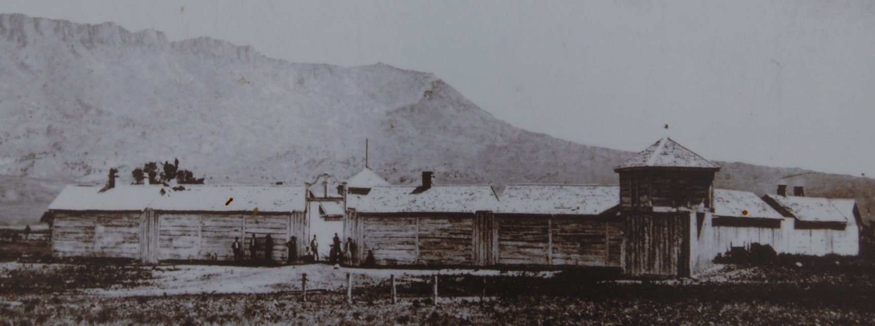 Wooden first structure at Fort Parker, Montana, first Crow Agency, later replaced with adobe complex. From roadside historical marker.