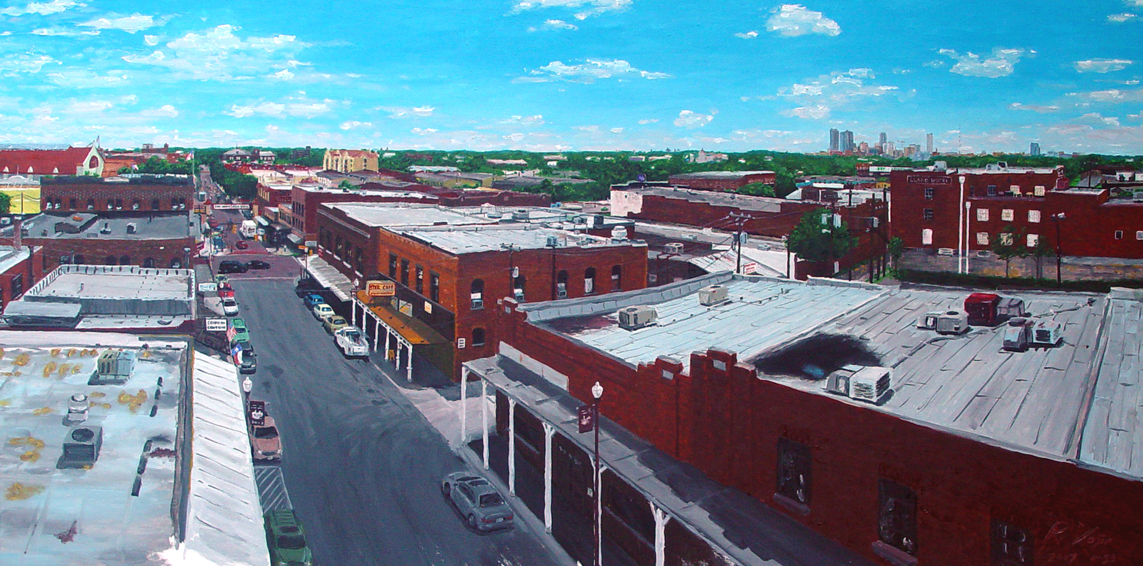 Ft Worth Stockyards and Skyline by Ryan Vojir

It includes: The Coliseum/Rodeo, Exchange Ave. (with ceremonial twice-daily Cattle Drive of Longhorns by Cowboys) Main St., Tarrant County Courthouse, the Bass (Wells Fargo) and (D.R. Horton) Towers, and few other Ft. Worth buildings in the distance on the far right.